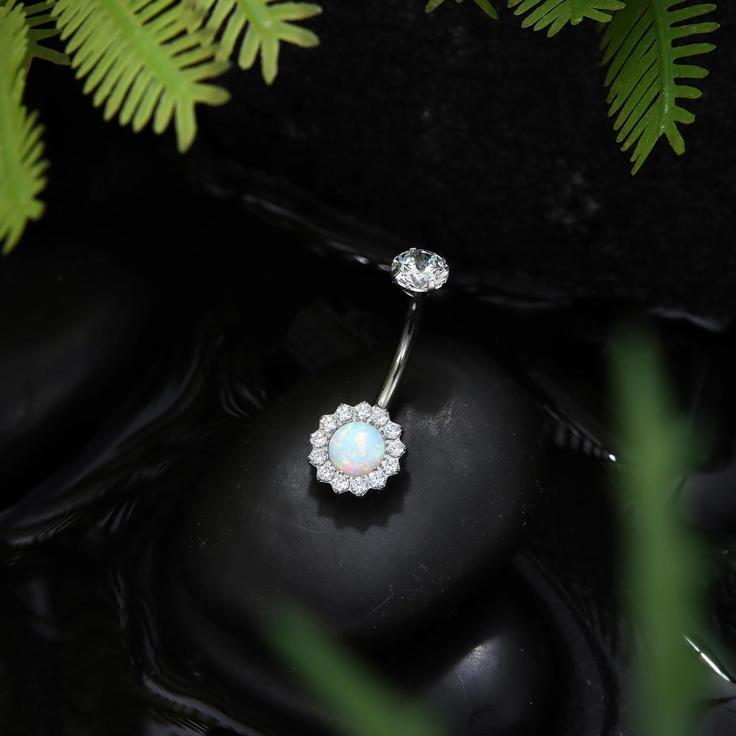 14G Titanium Belly Button Ring for Women AAAAAA Cubic Zirconia Belly Button Rings Flower Opal 10mm Gold Plated Belly Ring Halo Internally Threaded Navel Body Belly Piercing - Image 5