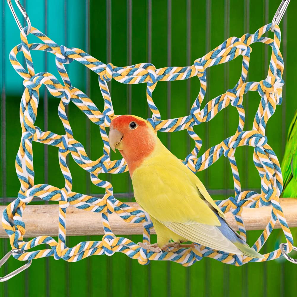 Parrot Toys Colorful Woven Climbing Net with 4 Hooks, Bird Toys Hanging Swing Net, Rat Toys Cotton Hanging Hammock Rope Net for Bird, Parrot, Small Animal, Hamster, Squirrel, Chinchillas (Yellow)