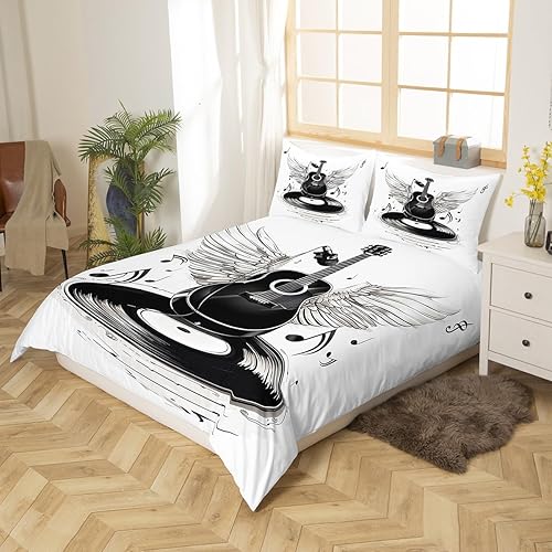 Miniatura 3 de Juego de funda de edredón de guitarra eléctrica, tamaño matrimonial, juego de ropa de cama con notas musicales de rock, disco de vinilo, decoración