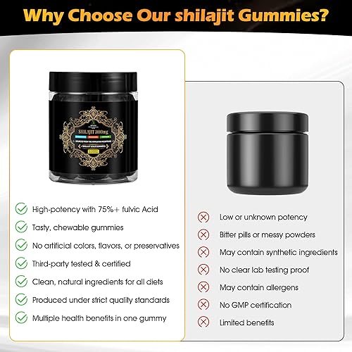 Miniatura 5 de Gomitas Shilajit puras para hombres y mujeres con Ashwagandha y Gokshura, sin azúcar añadida, Shilajit 100% natural con más de 85 oligominerales y