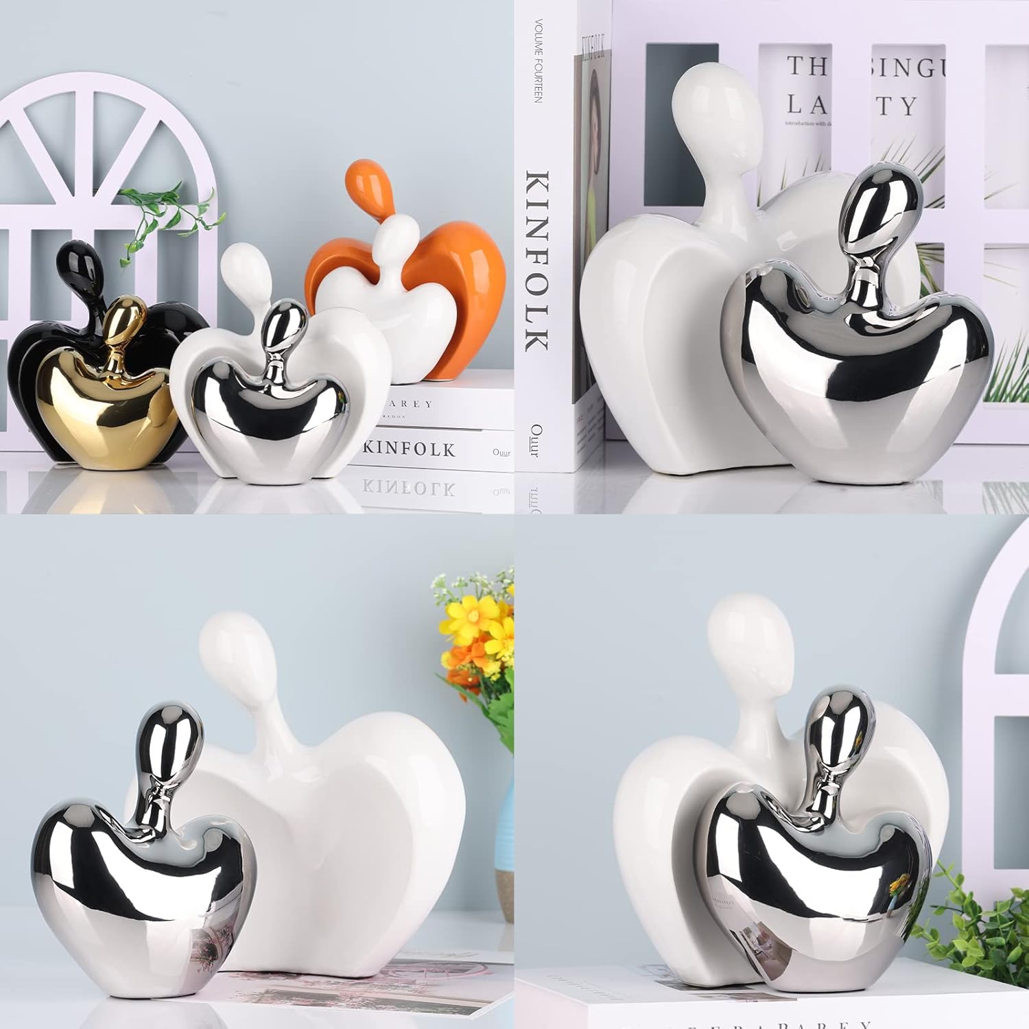 DOVDOV Silver and White Ceramic Couple Statue, Modern Home Decor Love Statue, Romantic Abstract Couple Art Sculpture, Living Room Office Bookshelf Bedroom Decorations - Image 5