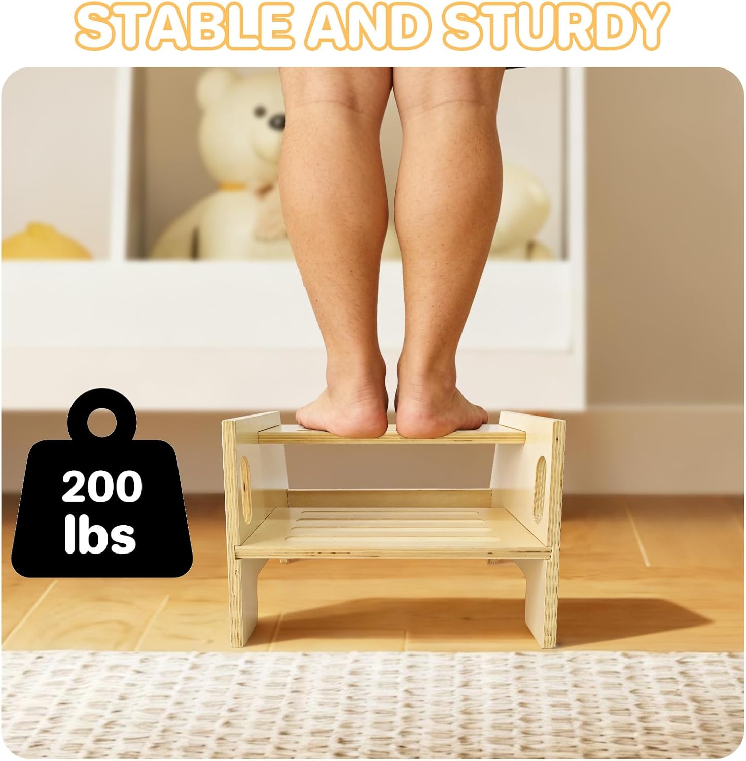 Asweets Toddler Step Stool with Handles, Wooden 2-Step Stool for Toddlers for Bathroom Sink, Potty Training, Kitchen & Bedroom 300lbs Capacity(2 Pack)