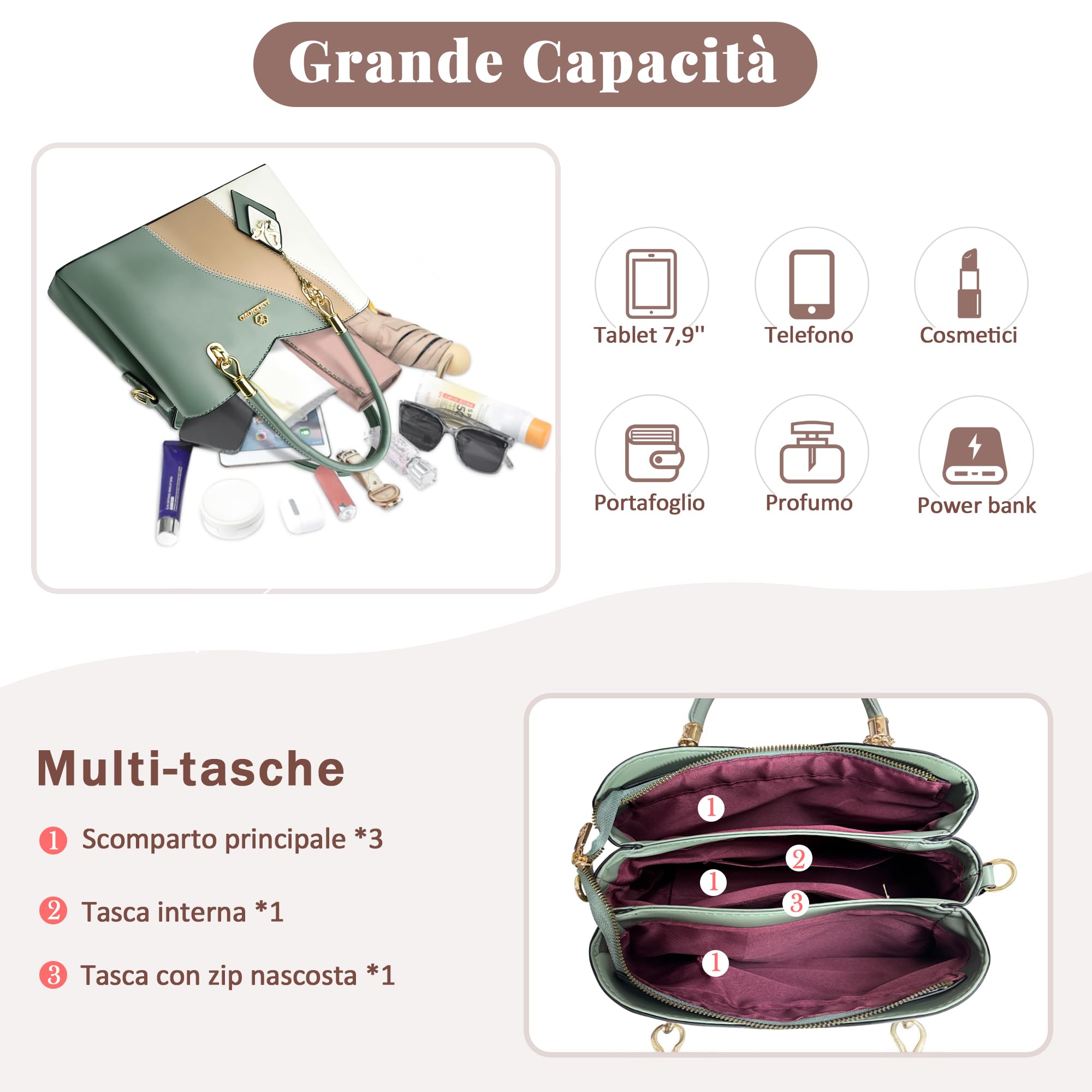 Borsa Donna in PU, Borsa a Mano Elegante con Tracolla Regolabile e Rimovibile, Borsa a Tracolla Capiente per Lavoro, Ufficio, Shopping, Viaggio e Uso Quotidiano Verde