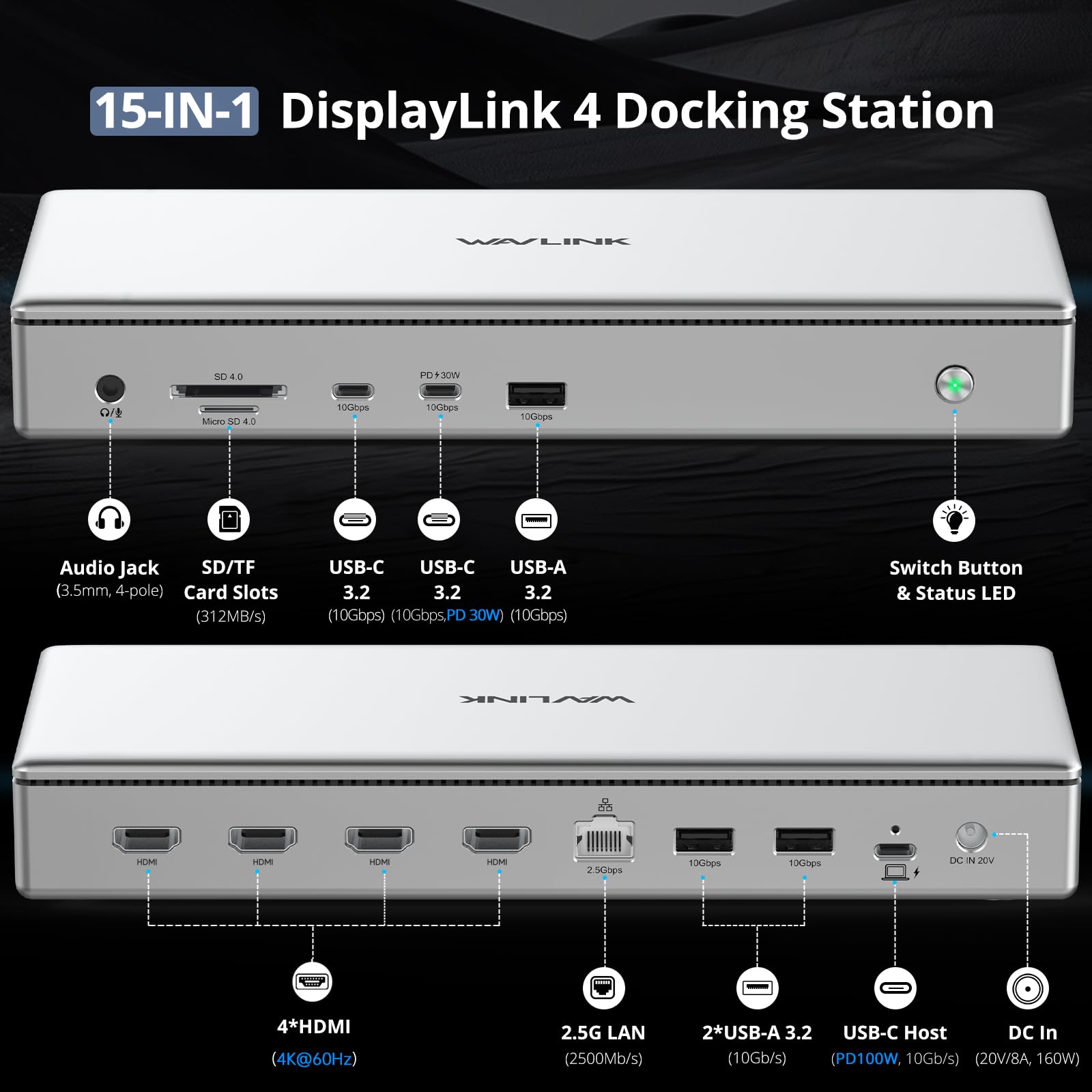 WAVLINK USB-C DisplayLink Premium Docking Station, Compatible with New MacBook Neo, Quad 4K@60Hz per M1/M2/M3 Mac & Windows, 15 in 1 Dock con caricatore da 100 W, LAN 2.5G, USB-A/C 3.2, USB-C PD 30W