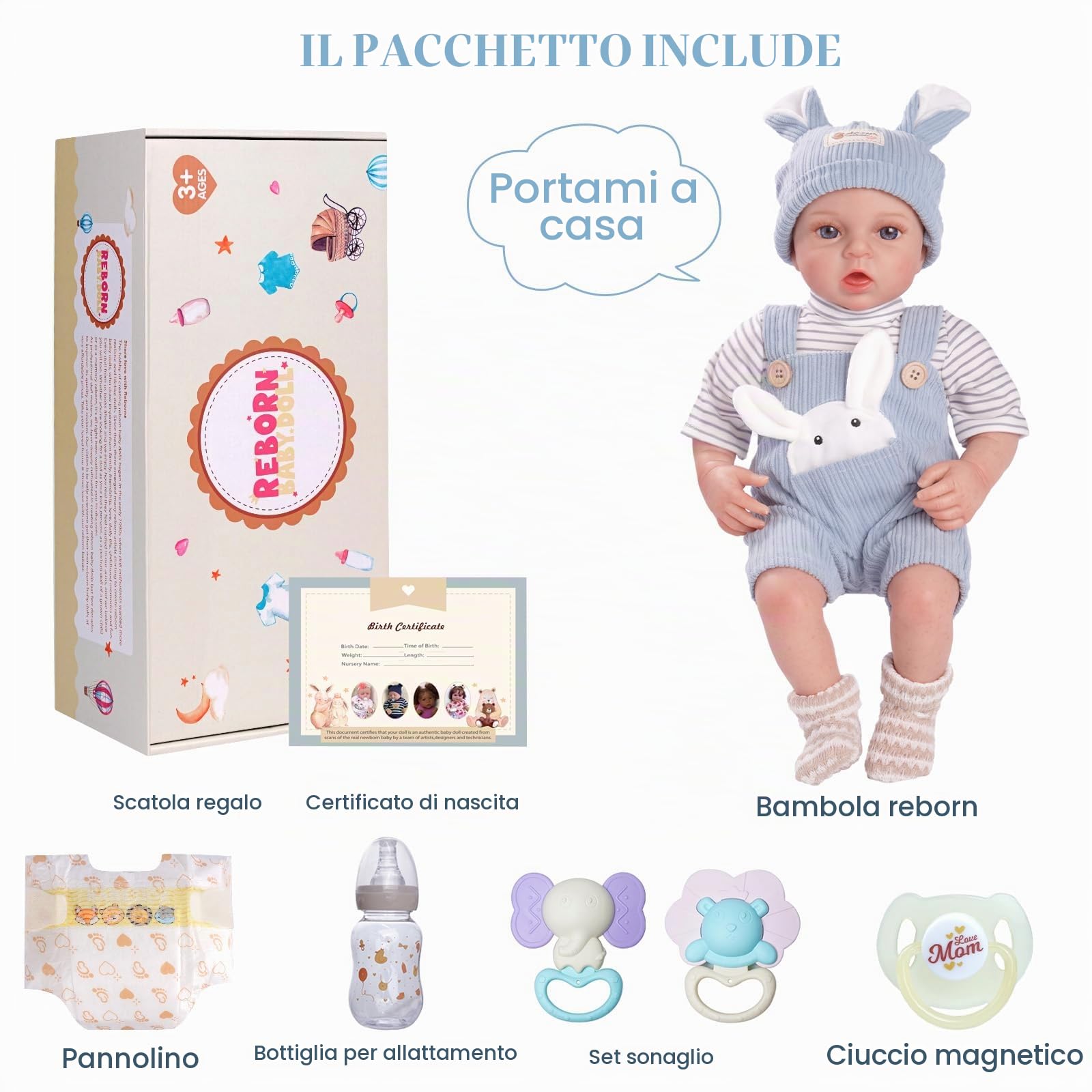 BABESIDE Reborn Bambola - 43 cm Bambole Realistica corpo in Cotone, Testa e Arti in Vinile - Bambolotto Maschio include Vestiti e Accessori, Adatta a Bambini dai 3 Anni+