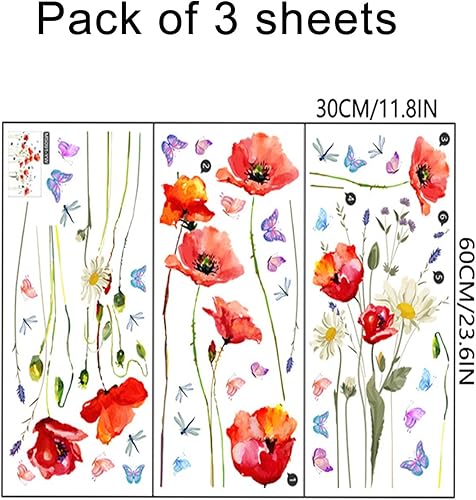 Miniatura 2 de Calcomanía de pared de flores de amapola roja, calcomanías de pared de acuarela floral y mariposa, 43.3 x 27.5 pulgadas, vinilo autoadhesivo