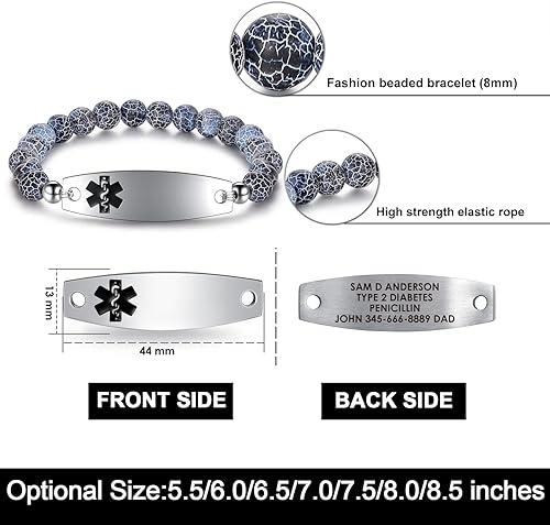 Miniatura 5 de JF.JEWELRY Pulsera de alerta médica personalizada para mujeres y hombres  Pulsera de eslabones con cuentas de identificación personalizada (5.5-8.5