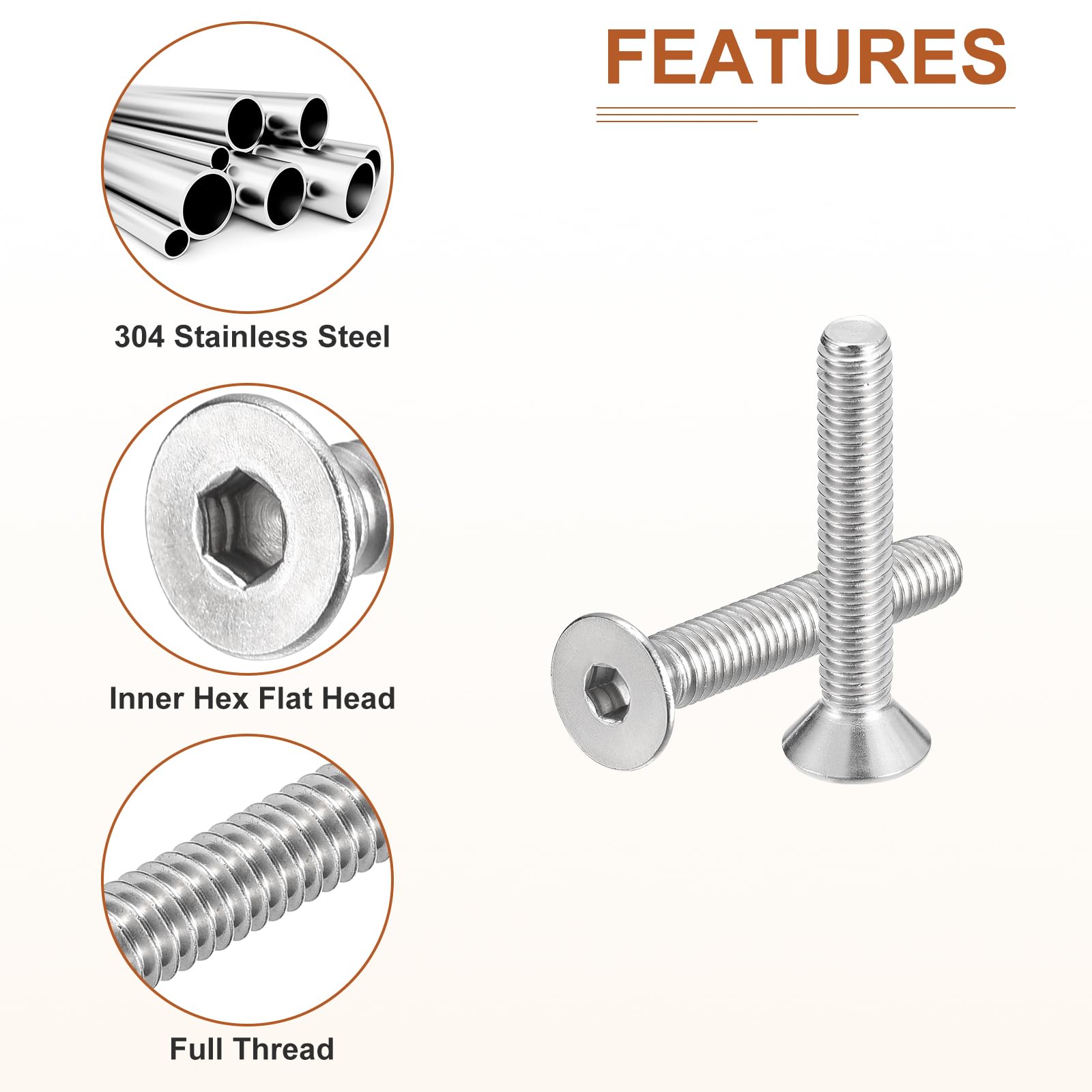 DTGN 3/8-16 x 2-1/2" Flat Head Socket Cap Screws, 20 Pack 304 Stainless Steel Hex Socket Flat Head Screws, Full Thread - Image 4