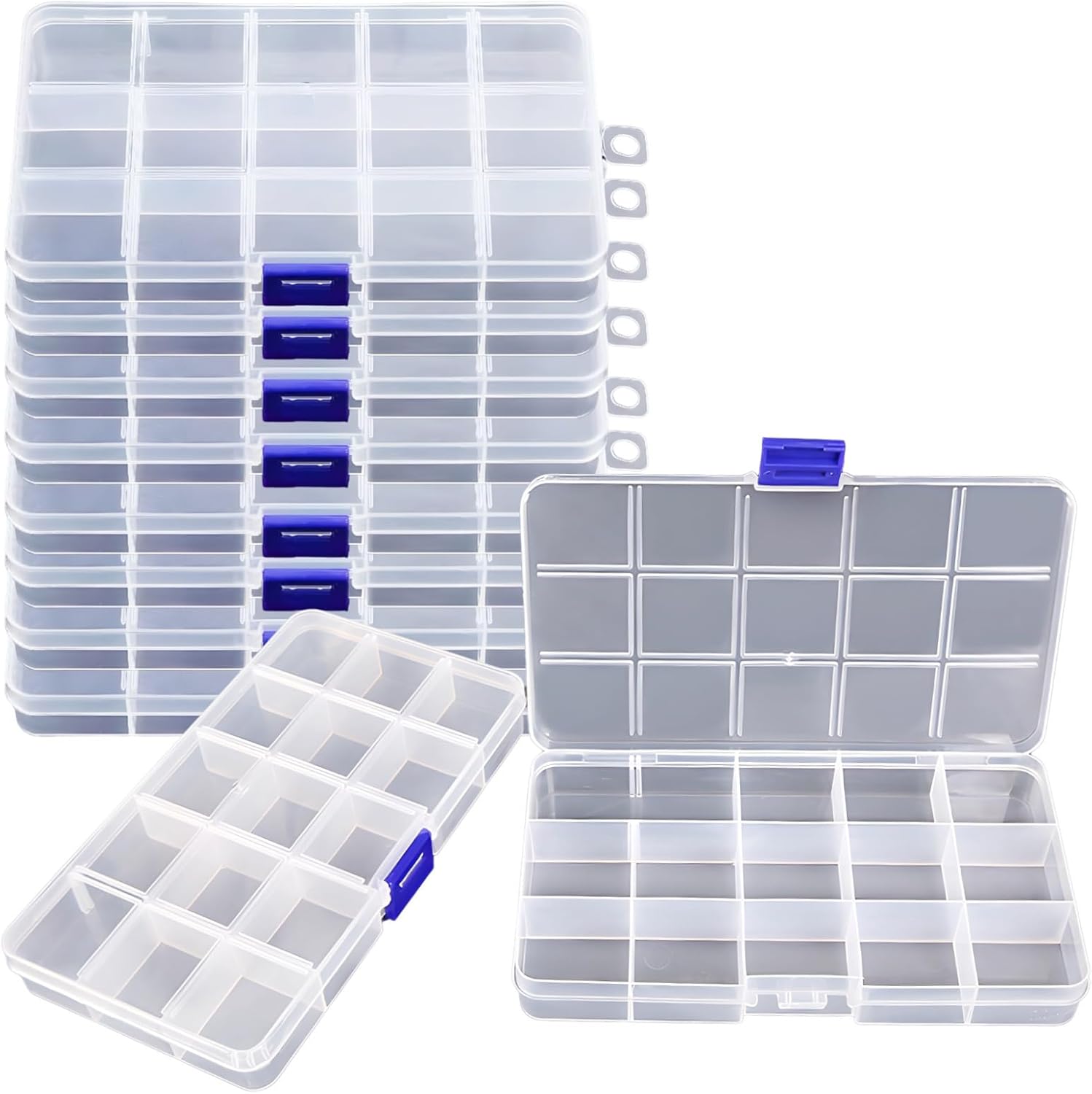 Fixed Grid Storage Boxes, Clear Plastic Organizer Cases, 10 Pcs 15 Compartment Bead Storage Containers with Secure Latch for Jewelry, Sewing Accessories, 6.8 X 3.9 X 0.9 in