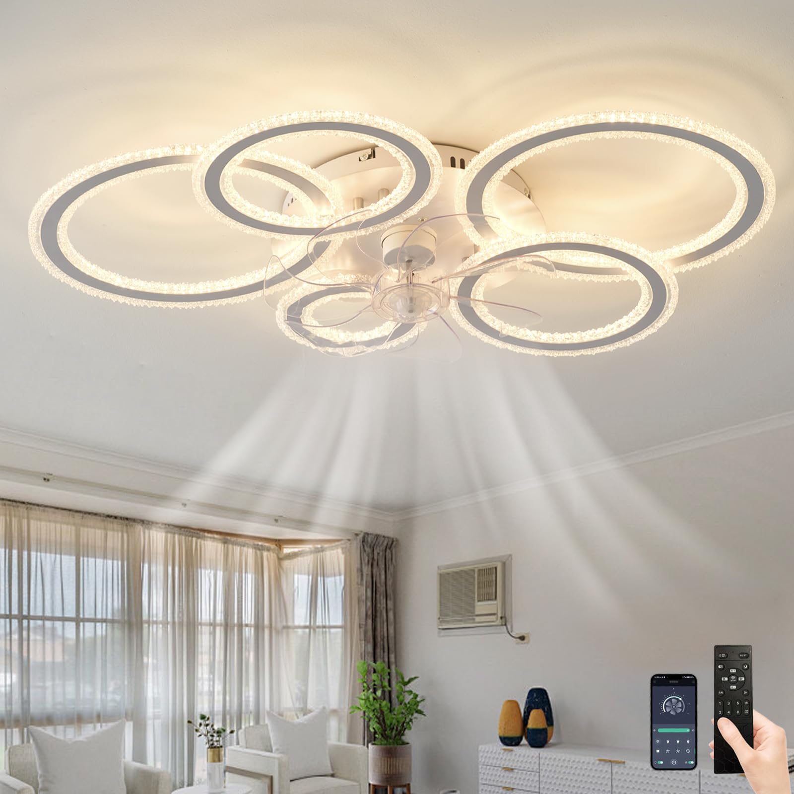 SXDMOUBK Ceiling Fan Lights with Remote Control,Thin Reversible,Ceiling Light with Fan,Led Dimmable 6 Speed 86cm Bedroom,Chandeliers Ceiling Lights,White App Remote