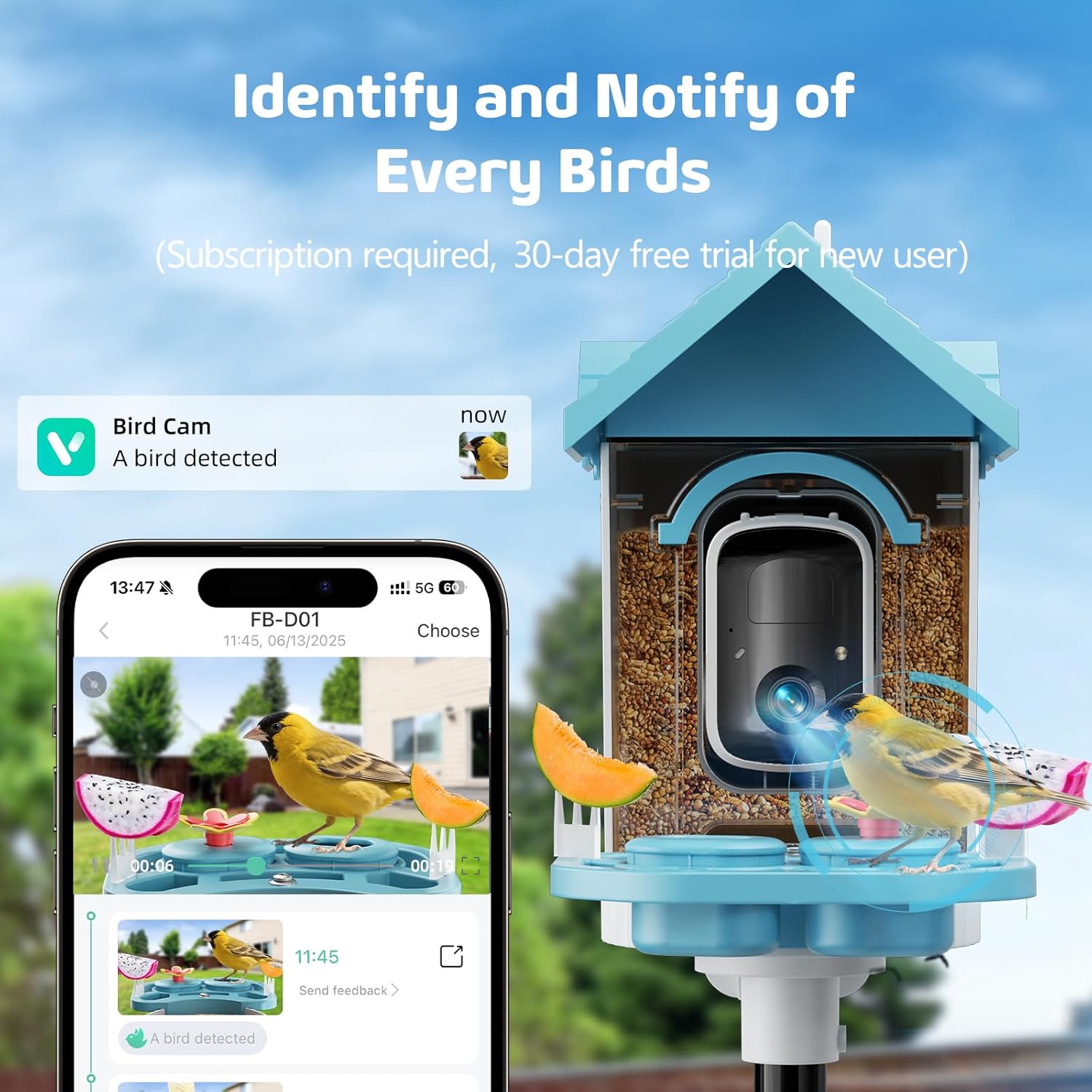 Smart Bird Feeder with Camera, 2K HD Solar Powered Birdhouse with Cam for Outdoors, AI Identify Birds Species, Auto Capture & Real-time Notifications (Blue)