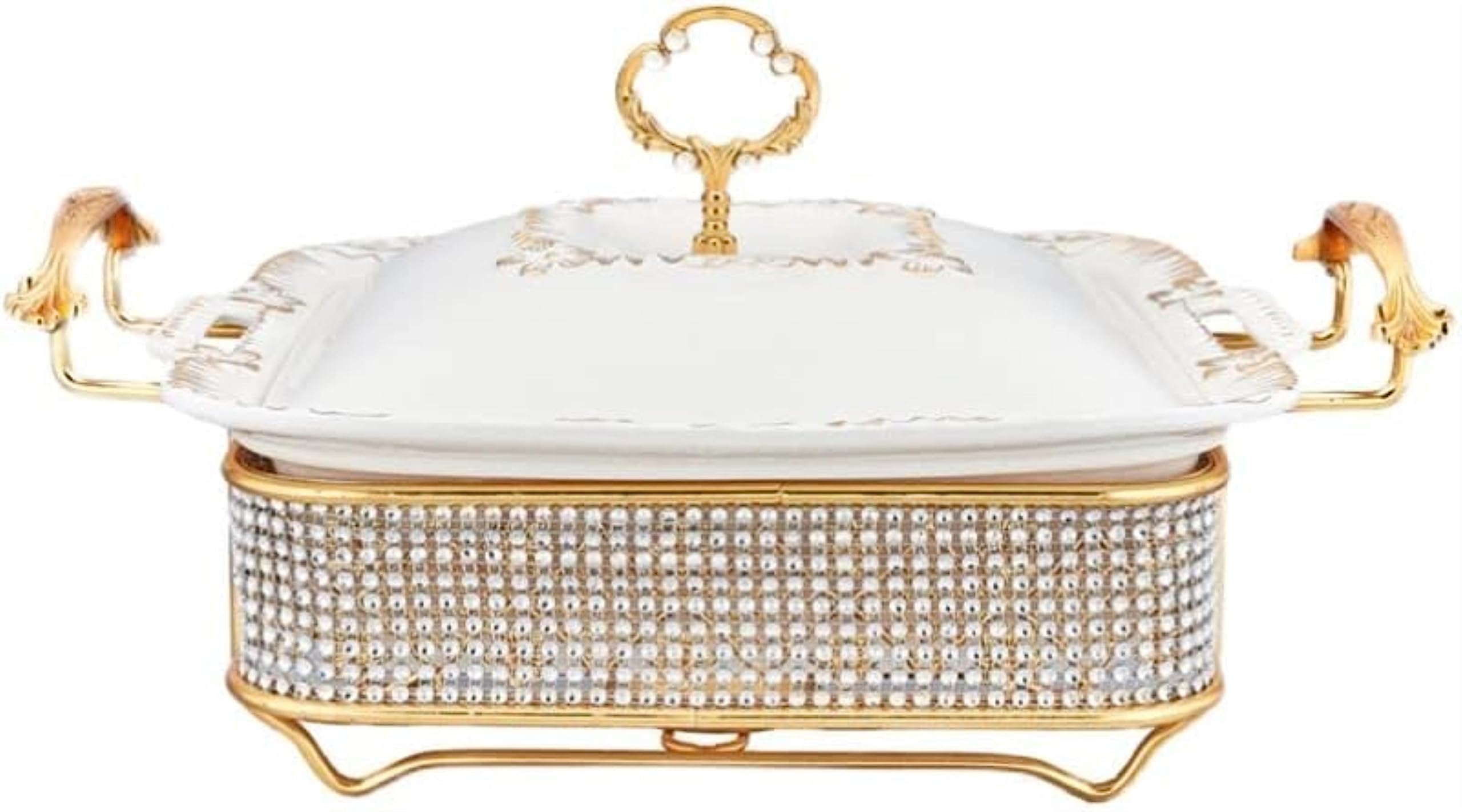 Servidor y Calentador de bufé para Catering - Juego de bufé con Placa calefactora de Acero Inoxidable, Calentador de Alimentos para Eventos con Tapa de Cristal y empotrable (Diamante Blanco,