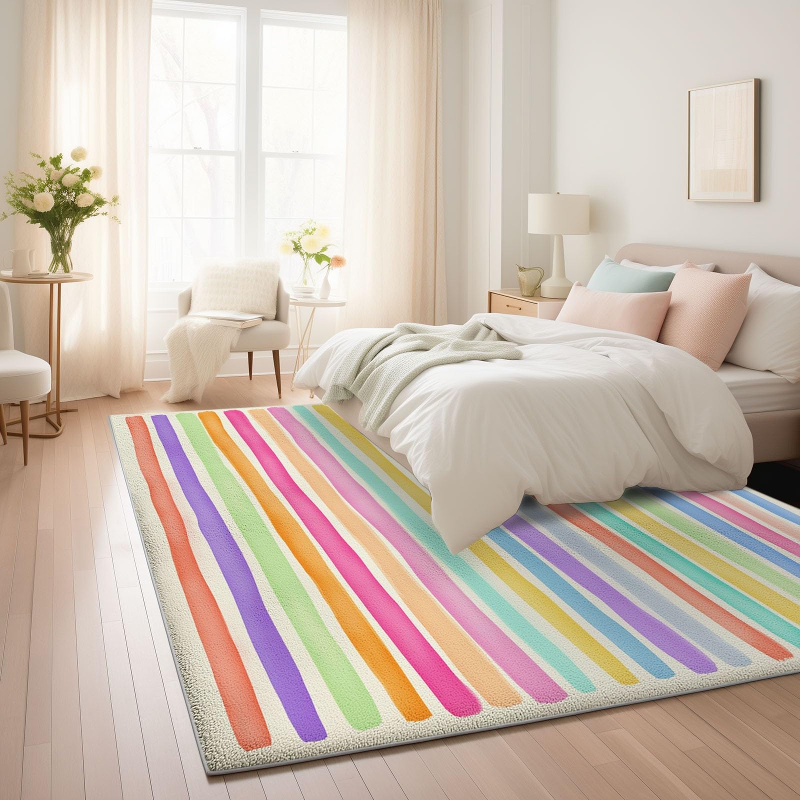 Generisch Teppich Kurzflor Design - Weicher Teppich Waschbar rutschfest für Wohnzimmer Schlafzimmer Kinderzimmer Büro Esszimmer Cartoon Bunt Gestreift - 100 x 150 cm - Mehrfarbig