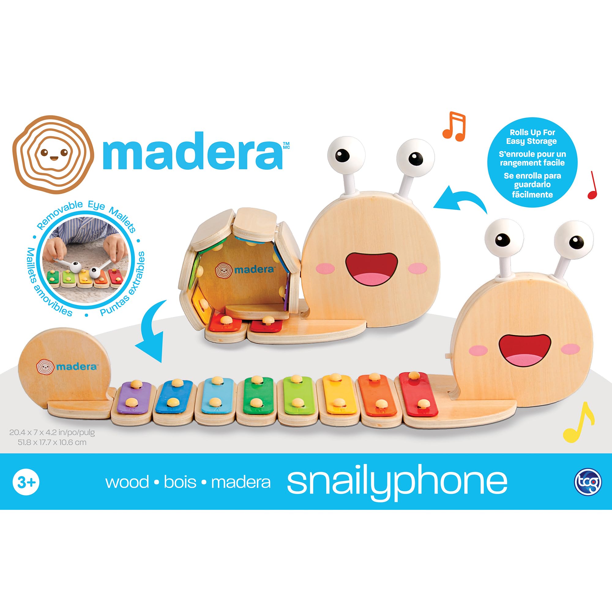 TCG Toys Madera Wood: Snailyphone - Snail-Designed 8-Key Xylophone, 2 Matching Mallets, Wooden Musical Instrament, Interactive Toy, Kids-Toddlers Ages 3+