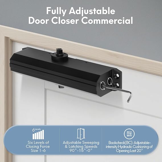 SOPHIA Door Closer Hold Open for Home, Door Closers Commercial Heavy Duty, Adjustable Speed & Spring Power 1-6, Hydraulic Door Closer Hinge Self Closing, No Slam, ADA & UL, DK4000, Matte Black