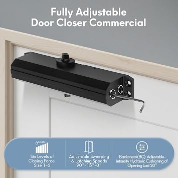 SOPHIA Door Closer Hold Open for Home, Door Closers Commercial Heavy Duty, Adjustable Speed & Spring Power 1-6, Hydraulic Door Closer Hinge Self Closing, No Slam, ADA & UL, DK4000, Matte Black