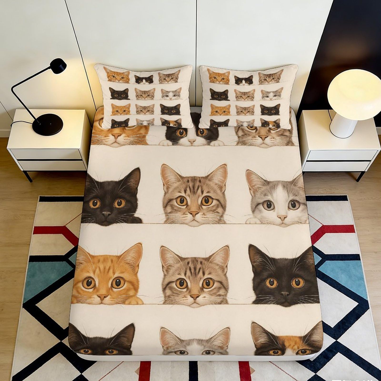 3D Printed Cat Pattern Fitted Sheet Microfiber Deep Pocket Bedroom Bedding Cat Mattress Fitted Cover Non-Slip Adult Youth 140x200x25cm