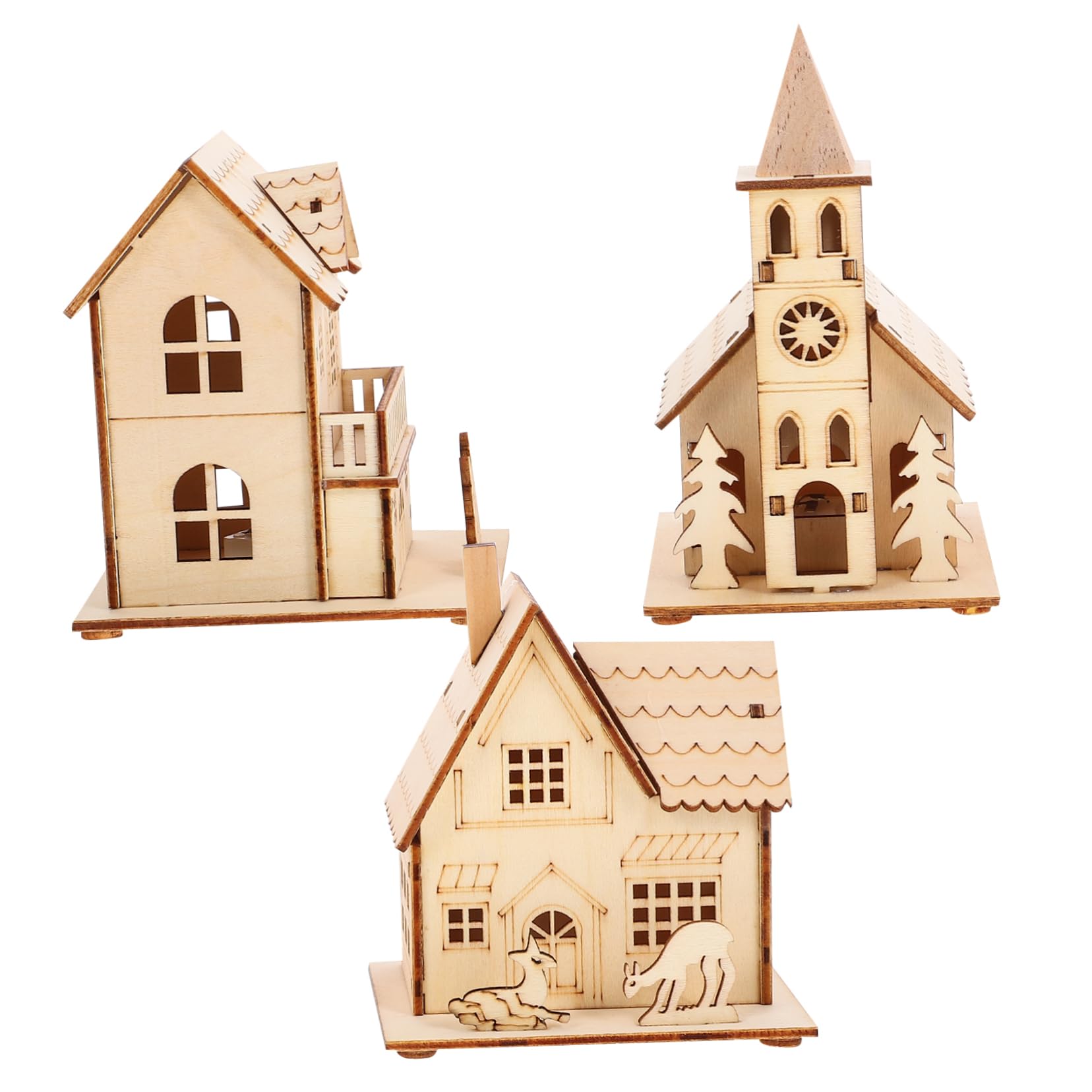 PartyKindom Ornamenti Natalizi in Legno Luminosi Per Decorazione Da Scrivania, Set 3 Pezzi Di Casette Natalizie in Legno Luce Led, Decorazioni Natalizie Per Casa, Bar e Feste