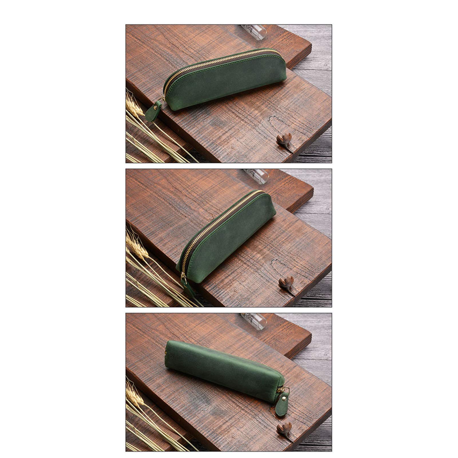 Estuches para lápices, Estuche estacionario de cuero genuino hecho a mano Estuche para lápices de cuero vintage, Estuche para lápices con cremallera Caja de almacenamiento para bolígrafos (Verde osc