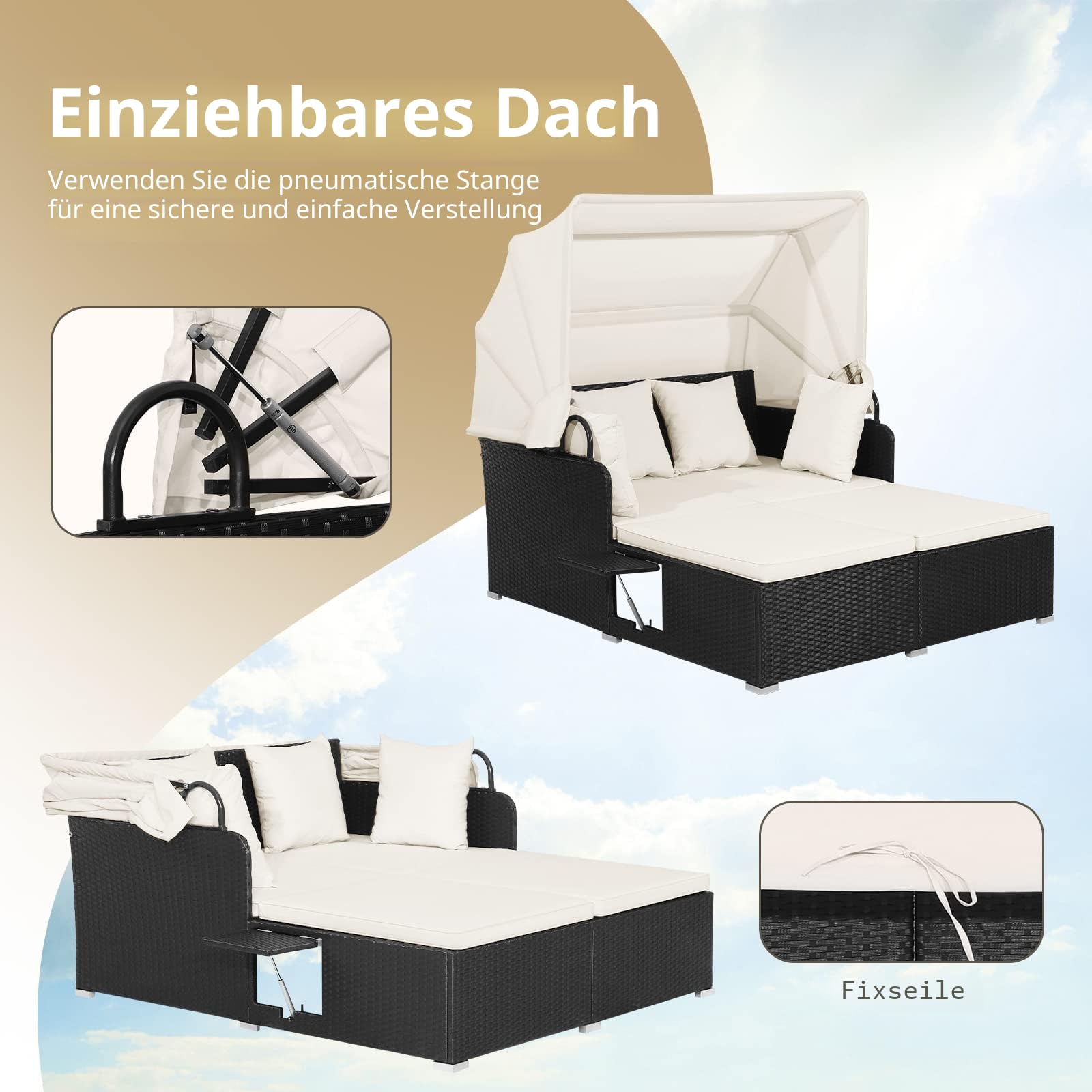 GIANTEX Sonneninsel Sonnenliege Set Rattan, Gartenliege 2 Personen mit faltbarem Sonnendach, Doppelliege Liegeinsel mit klappbaren Tablett & Kissen, Gartenlounge Gartenmuschel Daybed Outdoor (Beige)