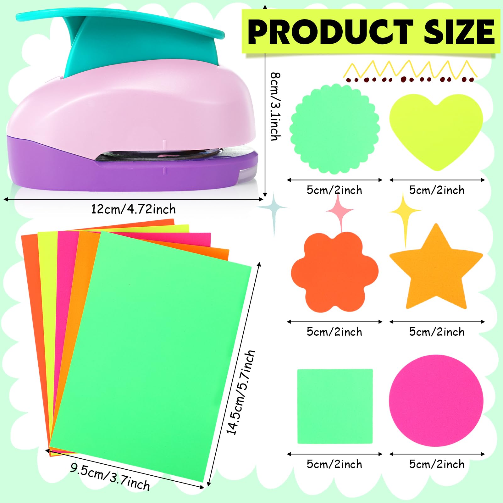CHENGU 16 perforatori per carta, per scrapbooking, con carta adesiva artigianale, rotondi, stella, quadrato, cuore, fiore, onda (5 cm, diversi stili)