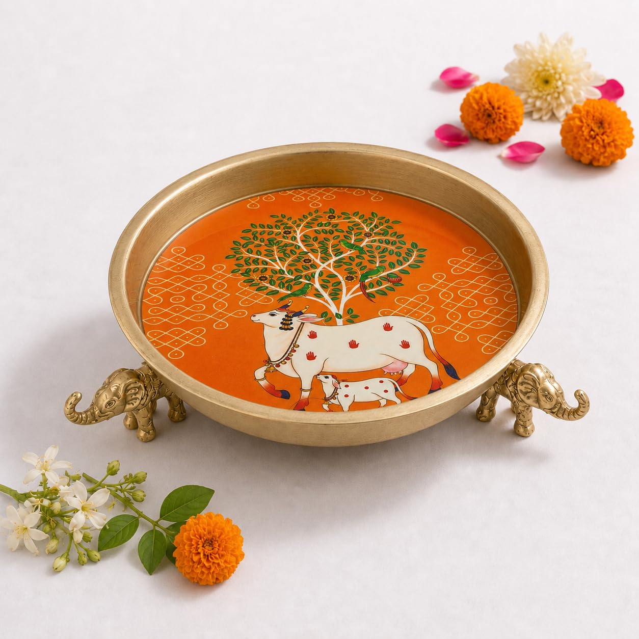 Kamdhenu Tree of Life Decorative Urli | Decorative Metal Pooja Urli for Floating Flowers, Festive Décor & Centerpieces | Scalloped Edge Lotus Design-image-22