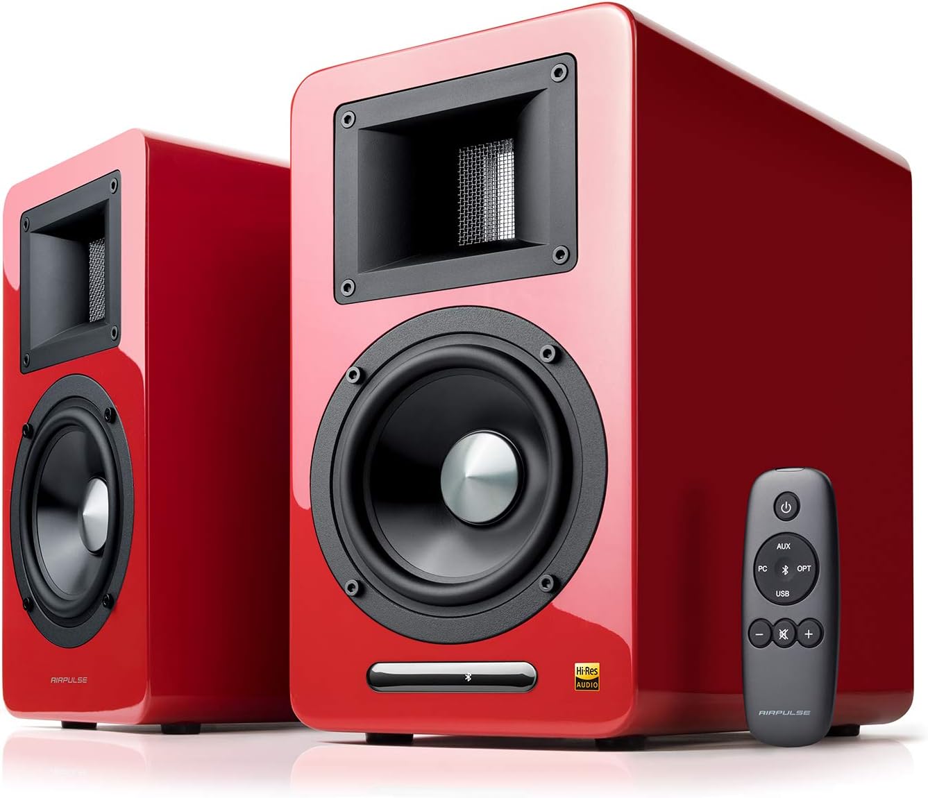 Airpulse A100 Hi-Res Audio Certified Active Speaker System Built-in Amplifier Optical, Bluetooth 4.1 aptX, RCA, AUX, and USB Inputs - Pair Red