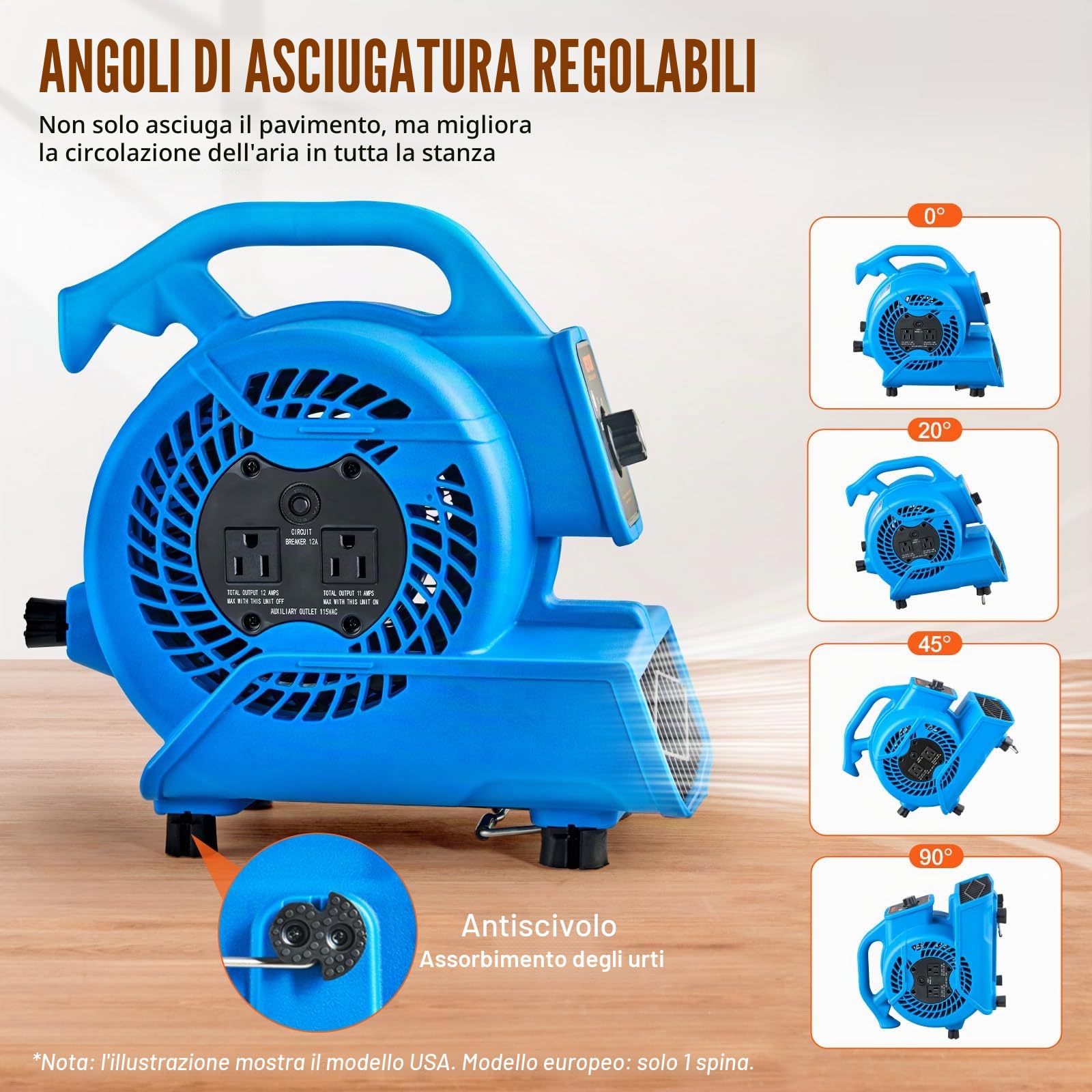 VEVOR Ventilatore Pavimento 1360 Giri/min Ventilatore per Asciuga Moquette Portatile 16,99 m³/min 4 Angoli di Soffio 3 Impostazioni di Velocità per Impianti Idraulici Domestici Commerciali di Pulizia