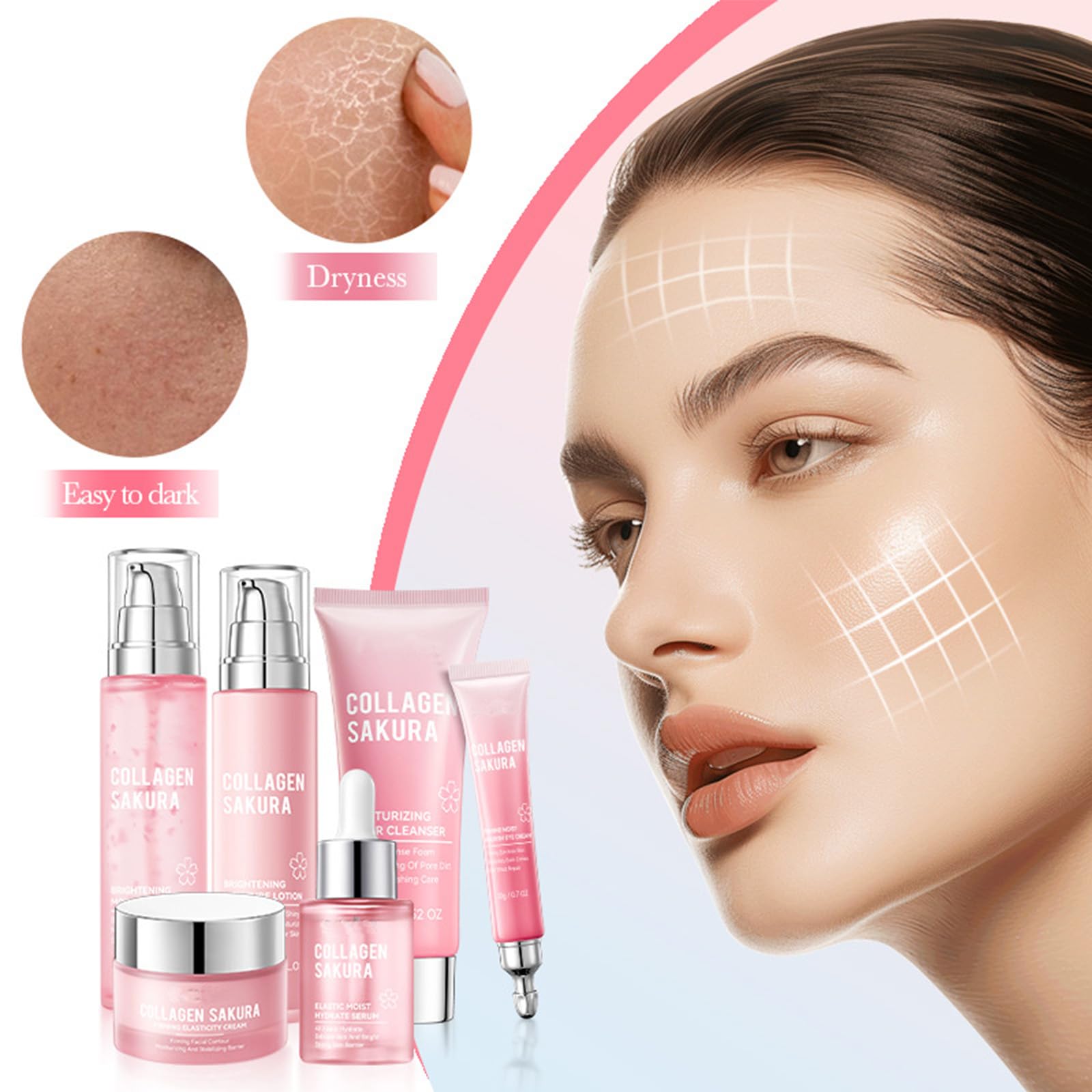 Kirschblüten-Hautpflege-Set, Kollagen-Kirschblüten-Geschenk-Set, Hautpflege für Teenager, Mädchen und Frauen, 6-teiliges Gesichtspflege-Set mit Reiniger, Toner, Lotion, Gesichtscreme, Augencreme