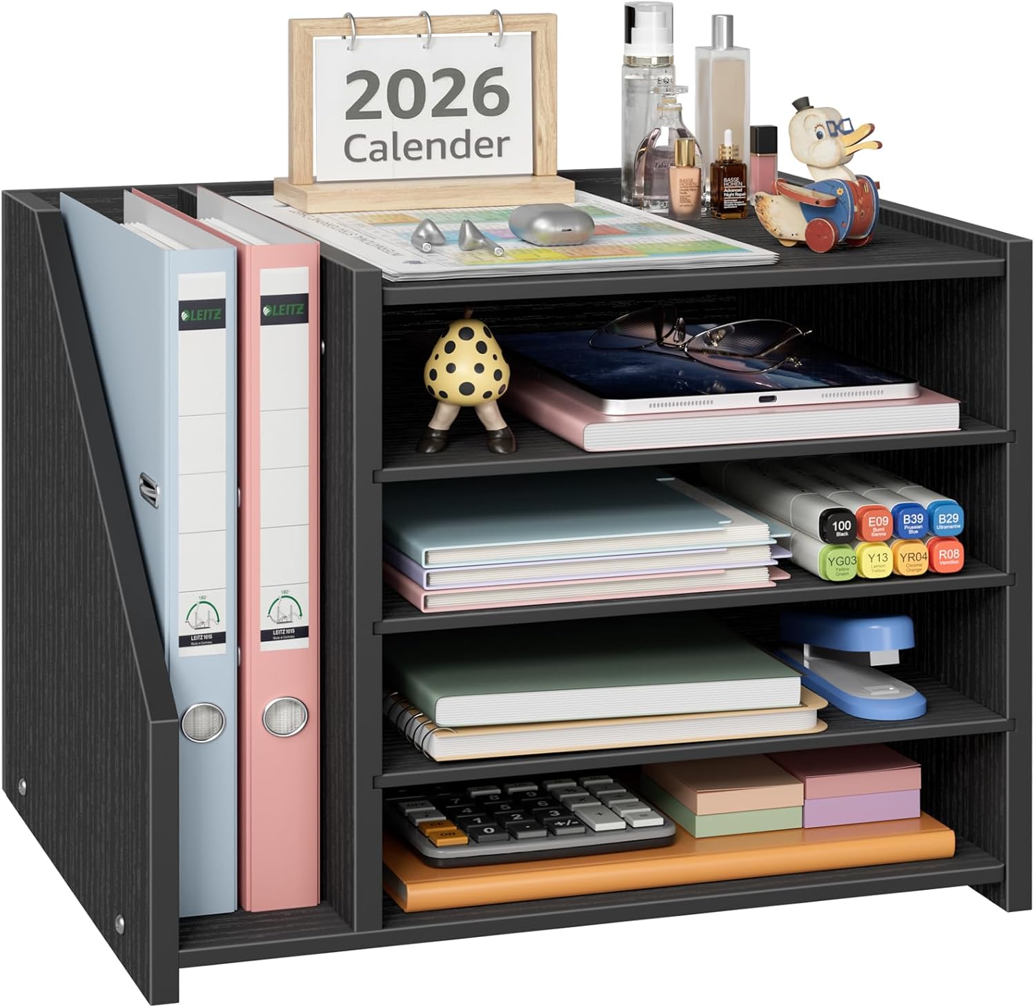4-Tier Black Wood Desk Paper Organizer, Modern Desktop Letter Tray for File Folders, Black Office Desk Shelf Accessories & Workspace Organizers for A4 Documents, Sturdy Wood Sorter Orgnizer Shlef