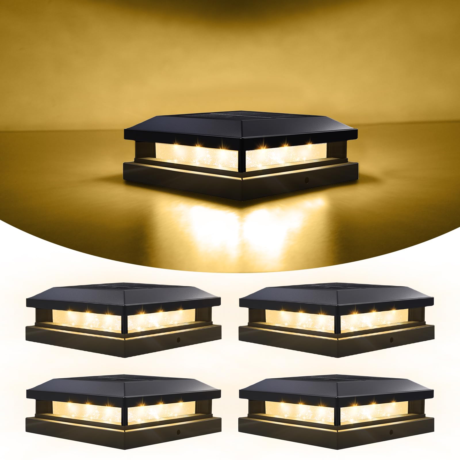 Spacelumen 4 Pack Solar Post Cap Lights Outdoor – Waterproof for 4x4, 4.5x4.5 & 5x5 Vinyl/Wooden Posts | Warm/Cool White | IP65 Weatherproof | Auto On/Off | LED Decks Lights for Garden, Patio, Porch
