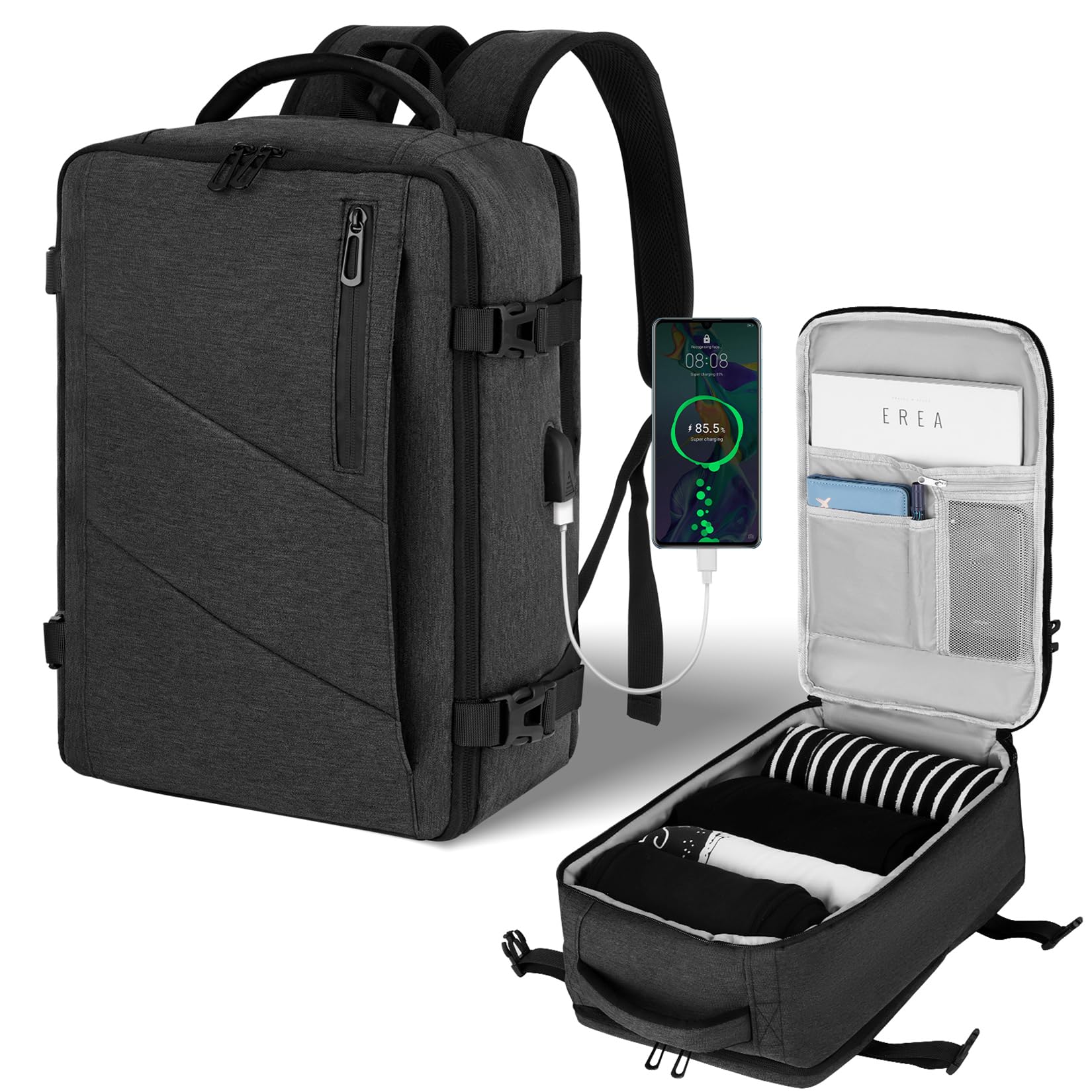 VOESLD Zaino 45x36x20 per Easyjet, Zaino da Viaggio Aereo Bagaglio a Mano Grigio Zaino Porta PC Donna Uomo Impermeabile Zaino Bagaglio a Mano per Tutte le Principali Compagnie Aeree, con Porta USB 32L