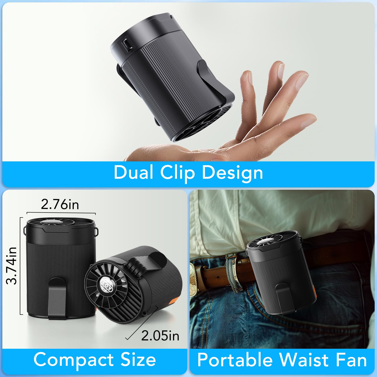 Ventola Ricaricabile in Vita con Batteria 25H, Ventilatore a 4 Velocità con Doppia Clip 6600 Giri/Min, Portatile da Collo