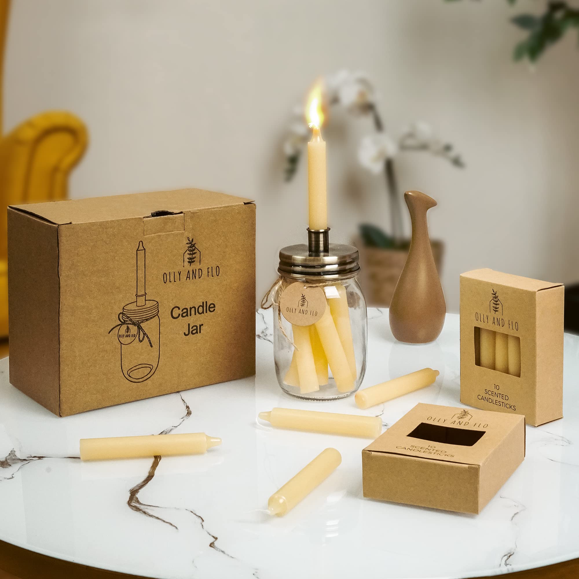 Mason Jar Candle Holder and Scented Candle Set - Glass Candlestick Holder with 20 Small/Chime Candles