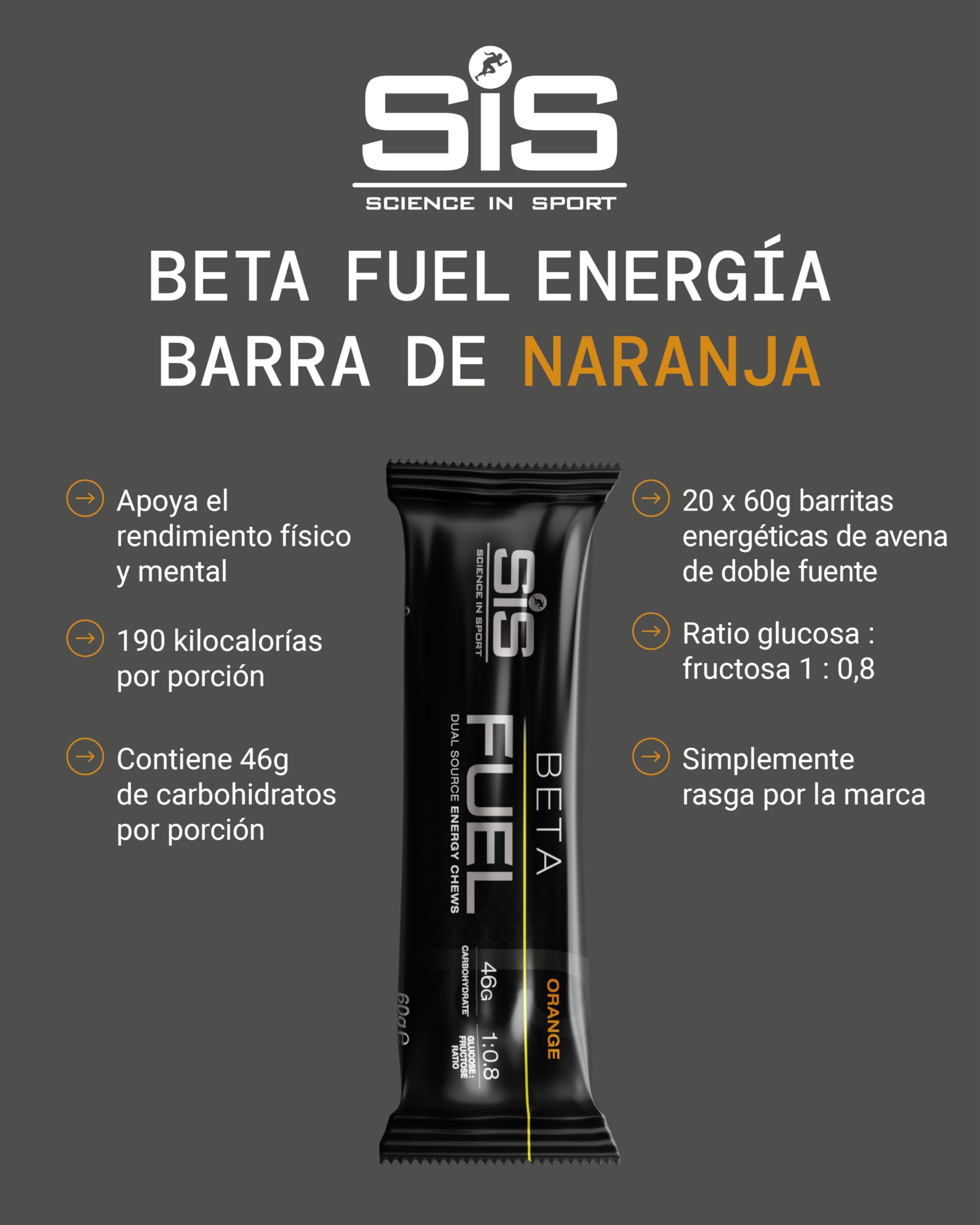 Science in Sport Beta Fuel Barra 20 x 60g Naranja – Barras energéticas veganas con 46g de carbohidratos, fuente ideal de energía para entrenamientos intensos