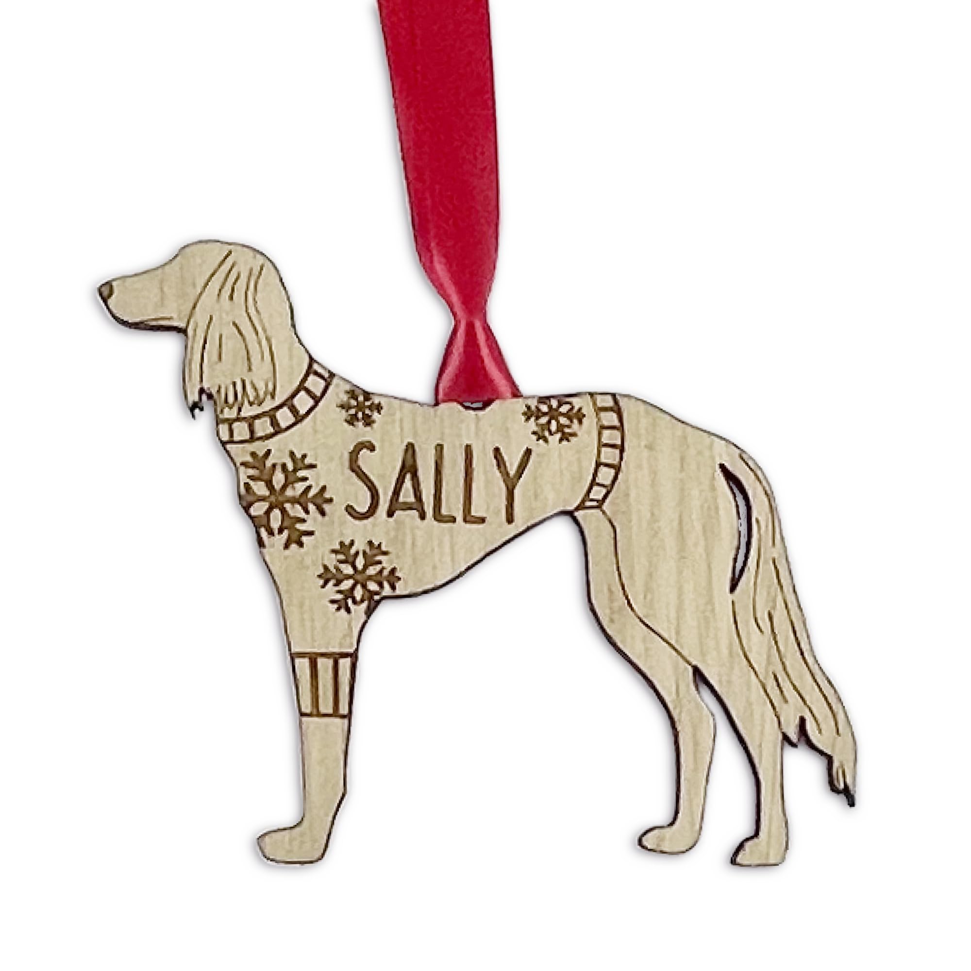 Personalised Saluki Dog Christmas Tree Bauble, Jumper with Snowflakes Design, Oak Veneer Wood or White Wood Decoration with Red Ribbon (White Wood, Decoration Only)
