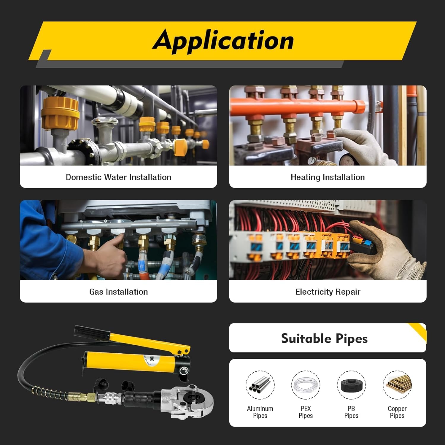 Hydrauliczne szczypce zaciskowe THV, kontur, zaciskarka zaciskowa, szczypce zaciskowe do rur 6 ton, kompresja 113 cm, złącze rurowe do aluminium, PEX PB, miedzi, stali nierdzewnej