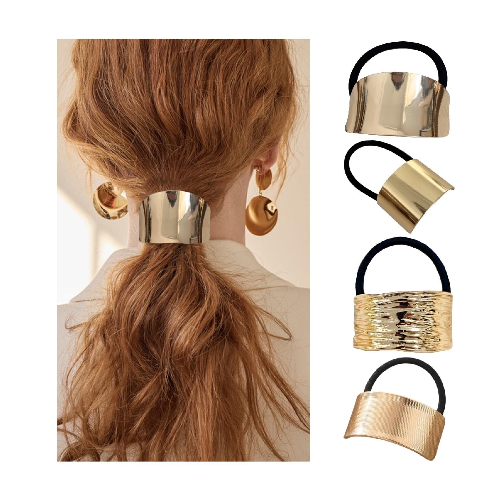 papasgix Metal Hair Ties, Metal Geometric Elastic Hair Ties, Hair Cuff Wrap Gold Hair Ties for Thick Hair Elastic Hair Ties for Women Hair Accessories