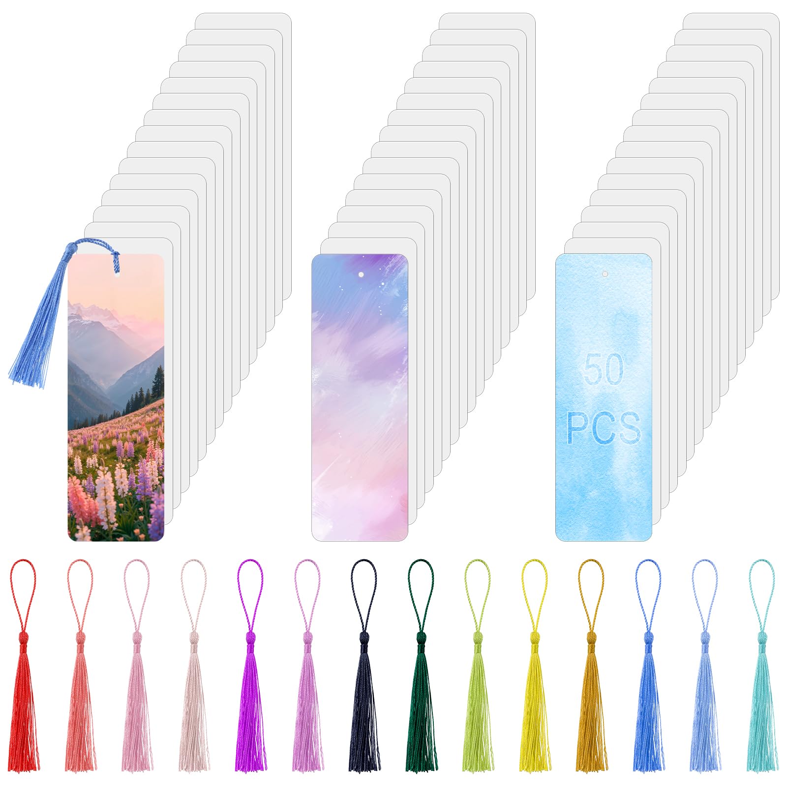50 Pcs Sublimation Bookmark Blank Bulk DIY Bookmarks with Colorful Tassels, 2x6 Inch Whit…