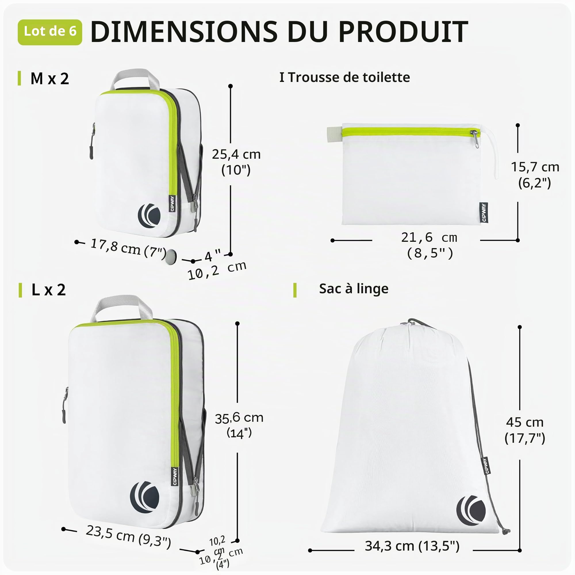 Cipway Lot de 6 cubes d'emballage par compression, organiseurs de voyage ultra légers et extensibles pour bagages à main (blanc 6 pièces)