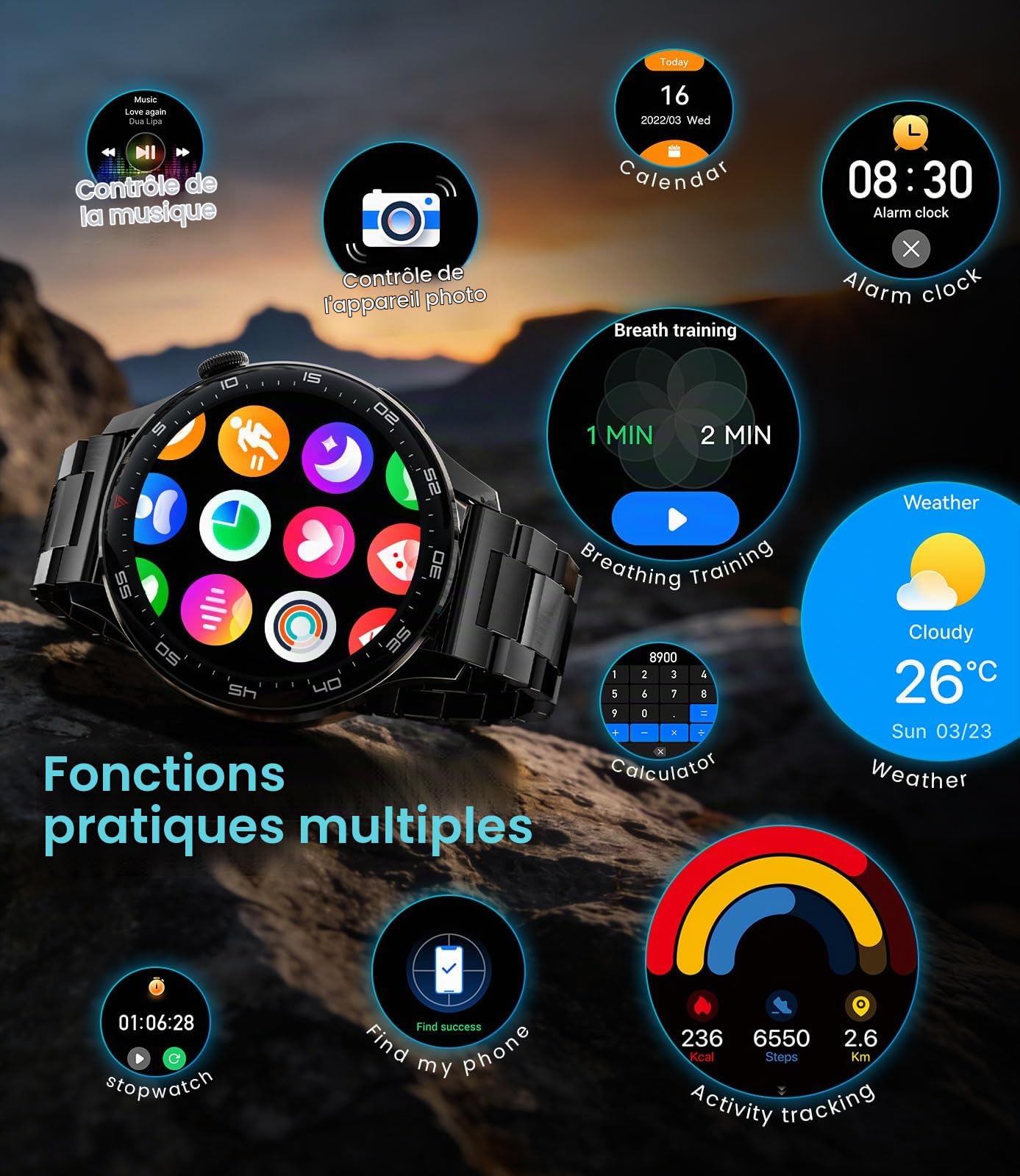 Montre Connectée Homme avec Appel Bluetooth, 1,7" Grande Écran Smartwatch avec Torche LED/800mAh/IP68 Étanche/100+ Modes Sportifs/Fréquence Cardiaque, Sommeil Moniteur pour Android iOS, Noir-Silicone