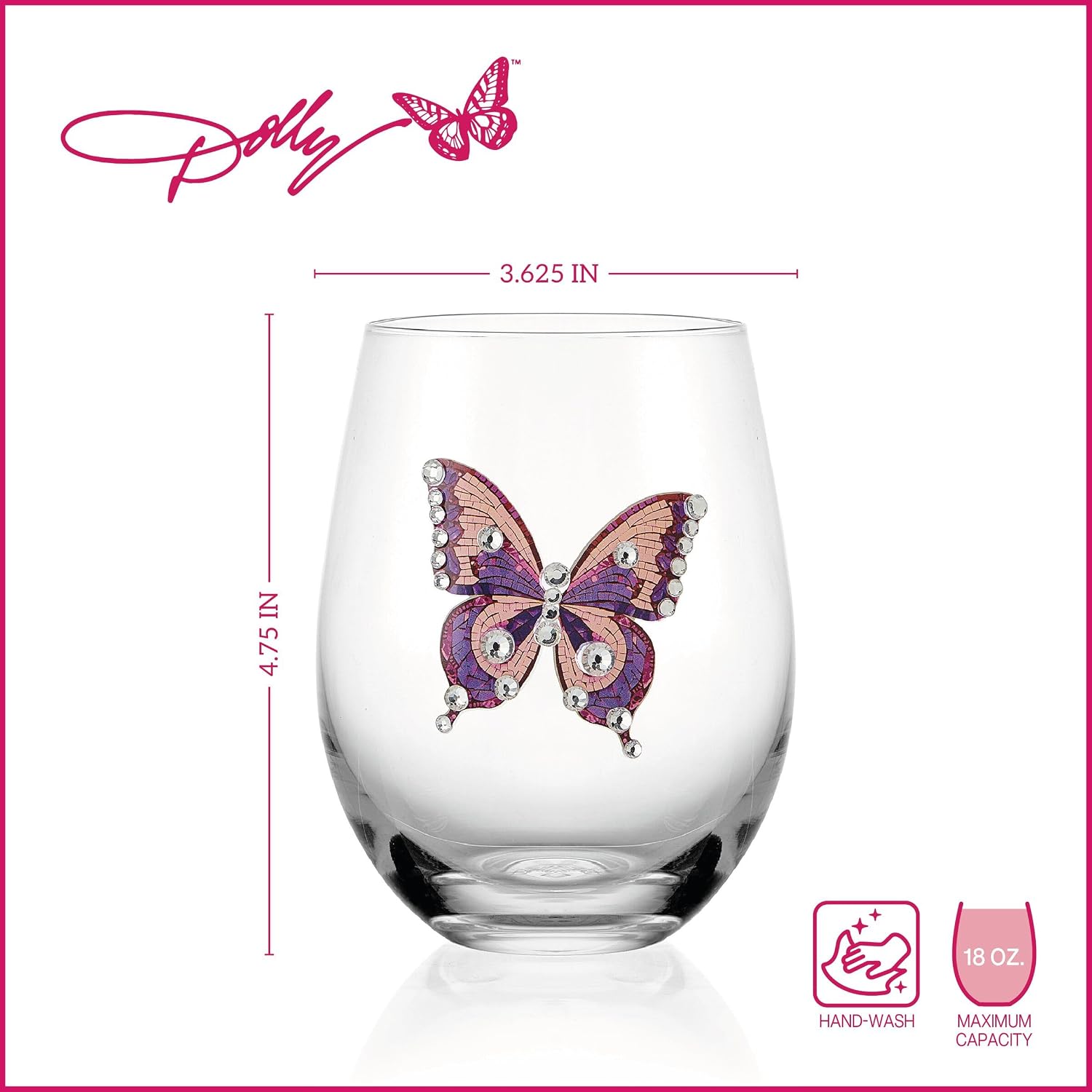 Dolly Parton Jeweled Mosaic Pink Blue Set of 2 Butterfly Stemless Wine Glasses, Rhinestone Accent, Cocktail Beverage Drink, 18 Ounce