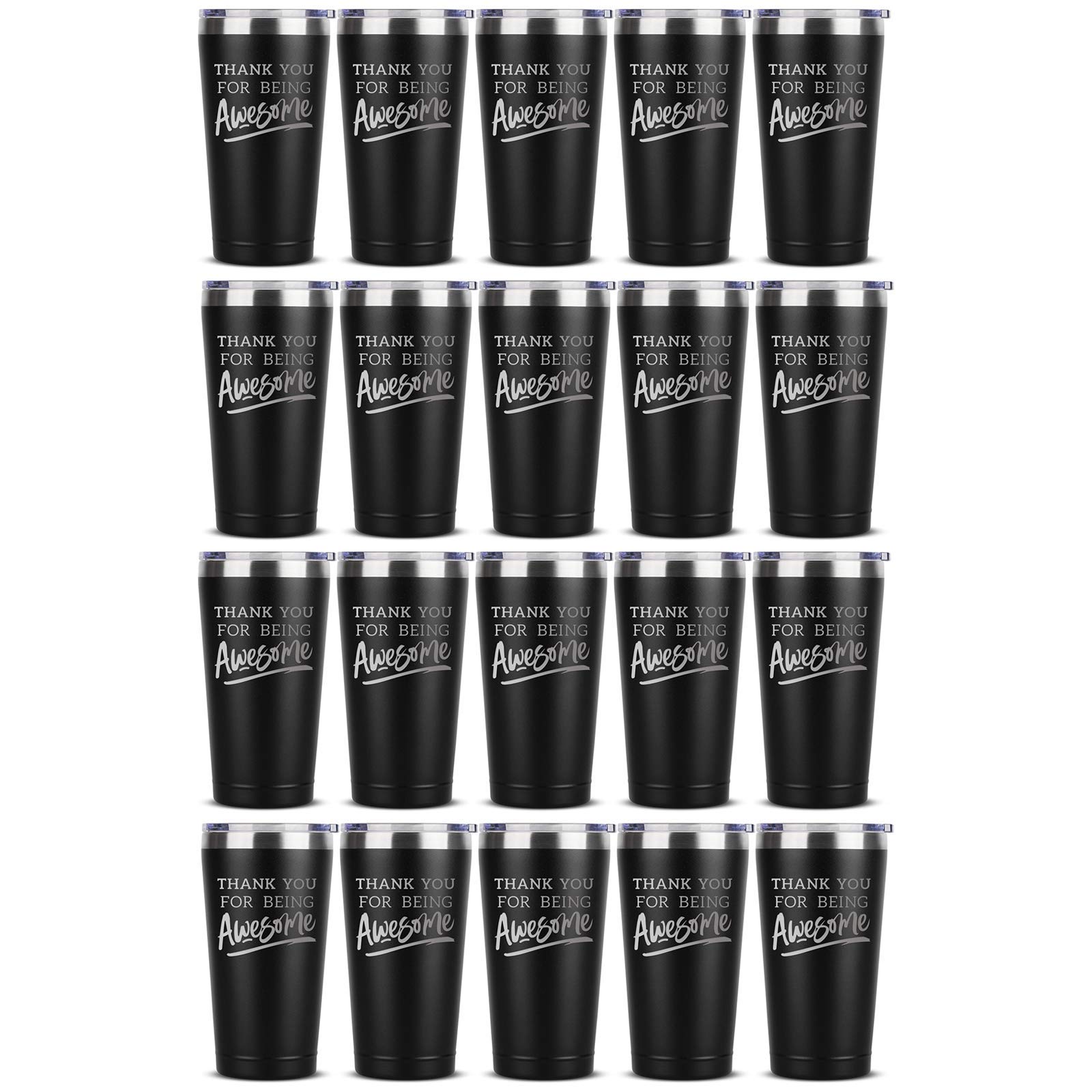 Thank You For Being Awesome - Employee Appreciation Gifts Bulk - Thank you Gifts for Coworkers - Travel Mug Coffee Tumbler Set of 20 - Stainless Steel Cups Insulated Tumblers with Lids - 16 oz Black