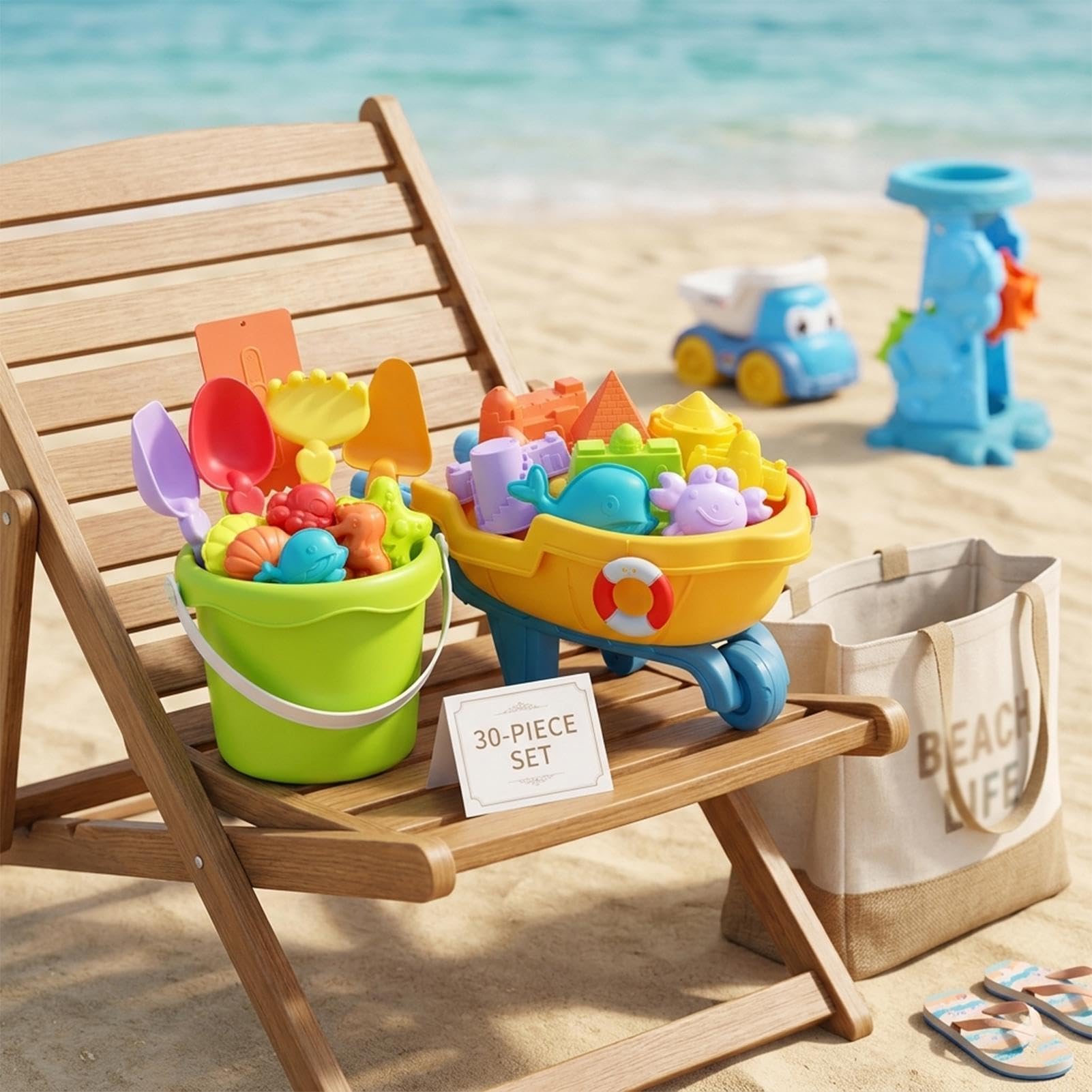 Giochi Spiaggia Bambini 30 Pezzi Giocattoli di Sabbia con Ruota idraulica, Camion, Secchiello e Formine Sabbia, Set Mare Bambini in Plasti ABS, Idee Regalo Estivo per Giardino e Giochi Esterni