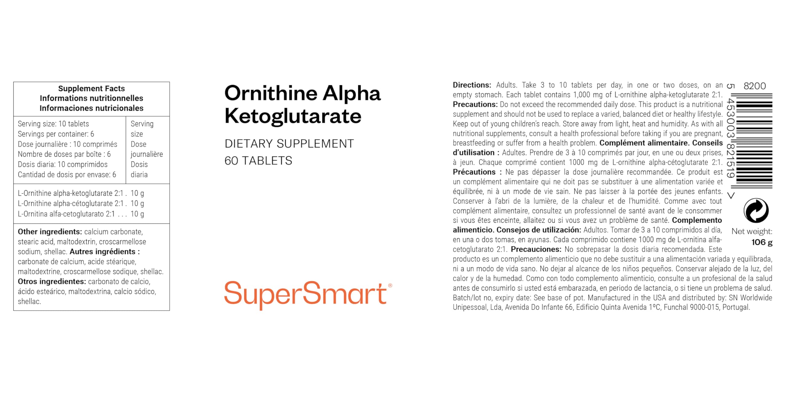 Ornitina alfa chetoglutarato (OKG) - Aumenta la produzione degli ormoni della crescita - Contribuisce alla sintesi proteica e all'aumento della massa muscolare - Vegano - SuperSmart