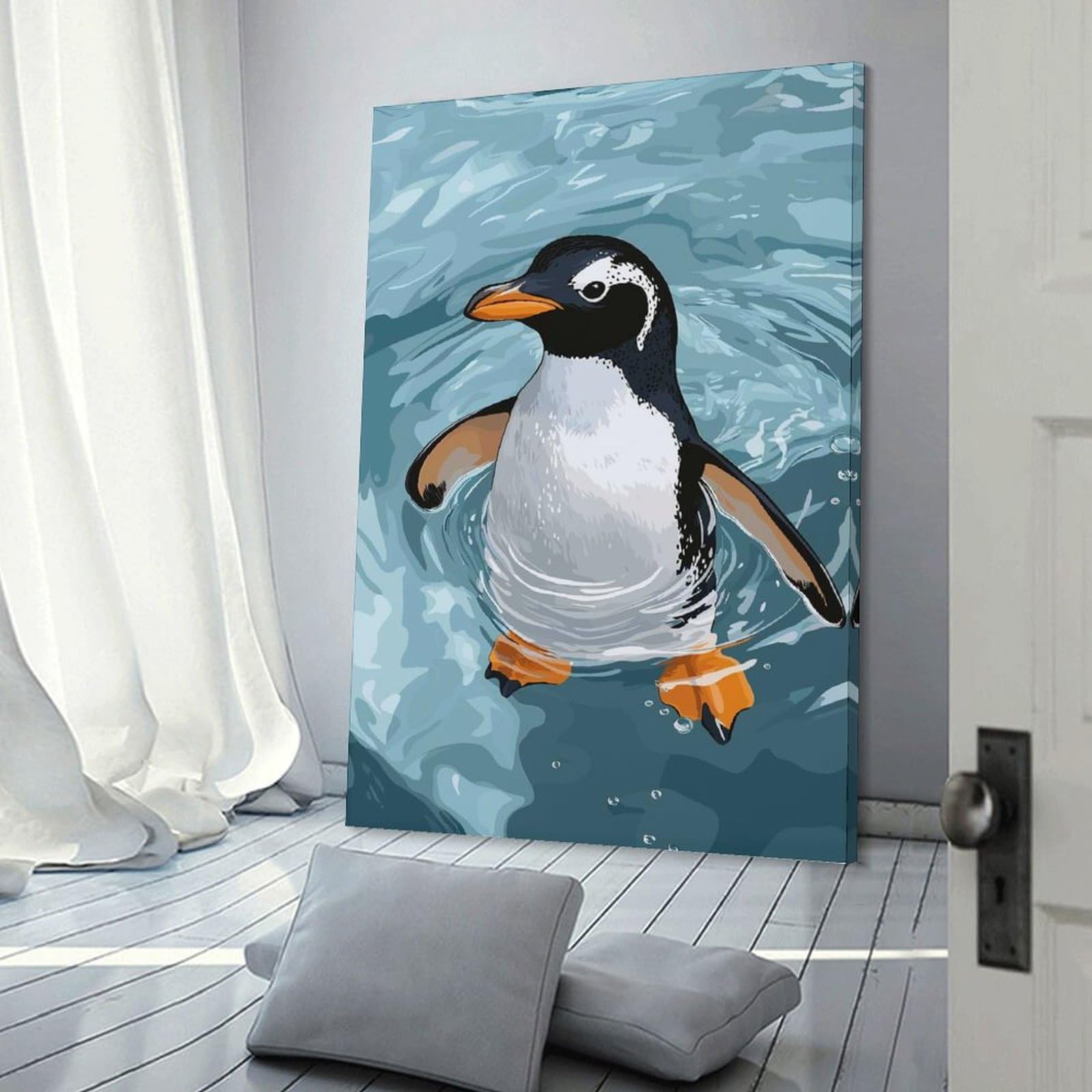 Junmoney Room Decor Wall Art Penguin Swimming in Blue Water Illustration, 12x18inch(30x45cm), for Home Office, Desk Area Or Studio, An Interior Accent for Desk Areas