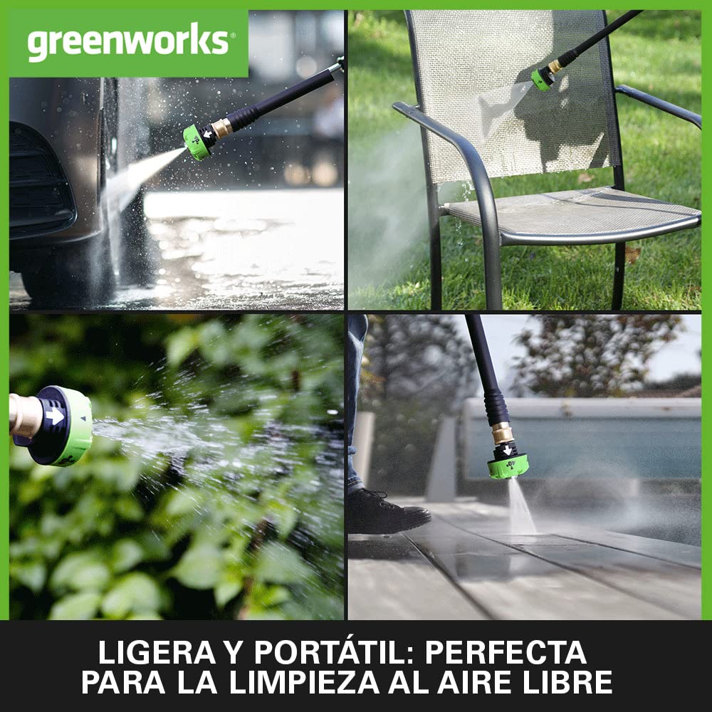 Greenworks Hidrolimpiadora a batería G24PWK4 (Motor Iones de Litio de 24V y 300 W Potencia, presión 24 Bar y caudal 180 l/h, Boquilla 5 Pliegues y Manguera 6 m Incluye batería de 4 Ah y Cargador)