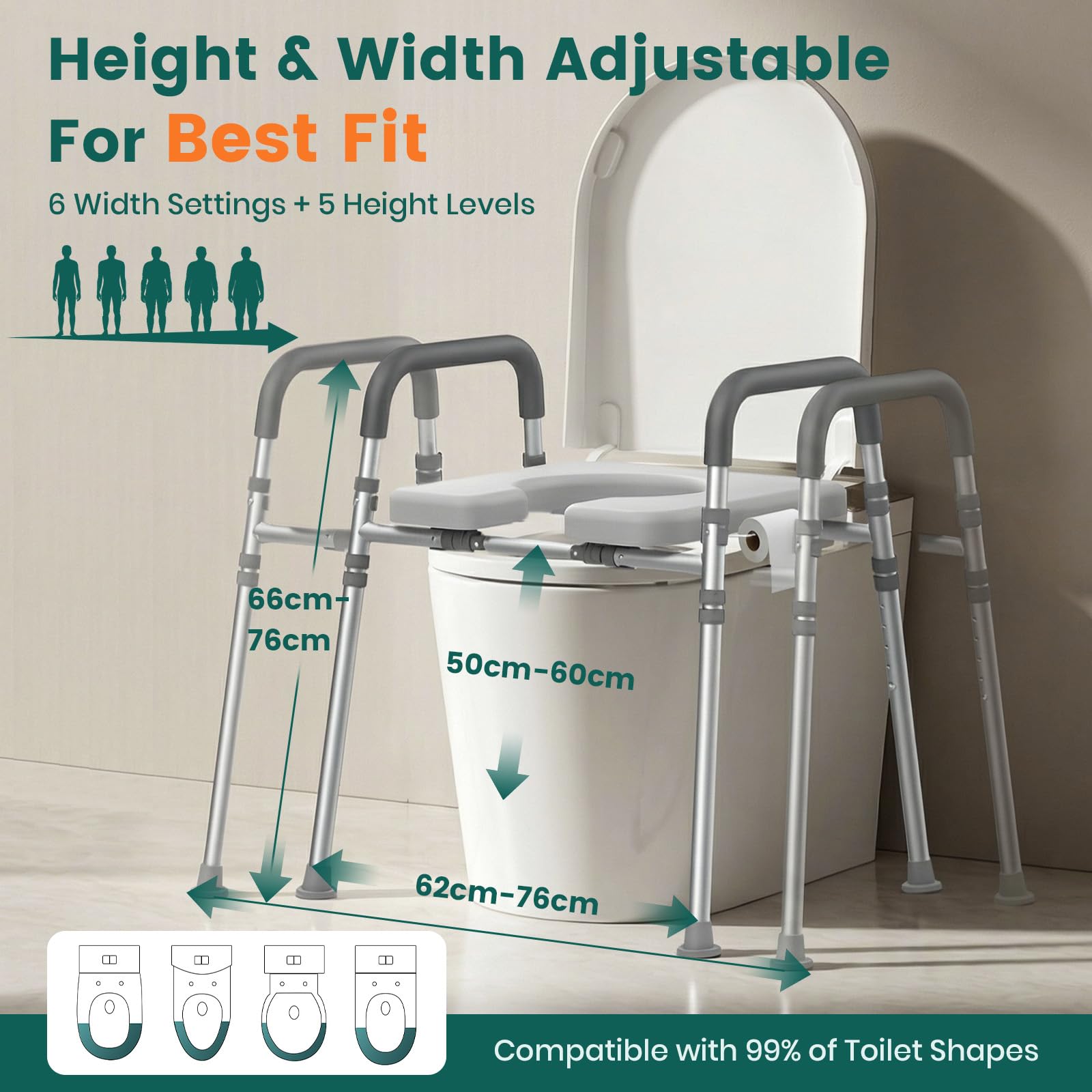 LTR02 Telaio Sicurezza WC con Seduta – fino a 180 kg, Corrimano Regolabili in Altezza e Larghezza, Braccioli Imbottiti, Piedini Antiscivolo, Ausilio Bagno per Anziani e Riabilitazione