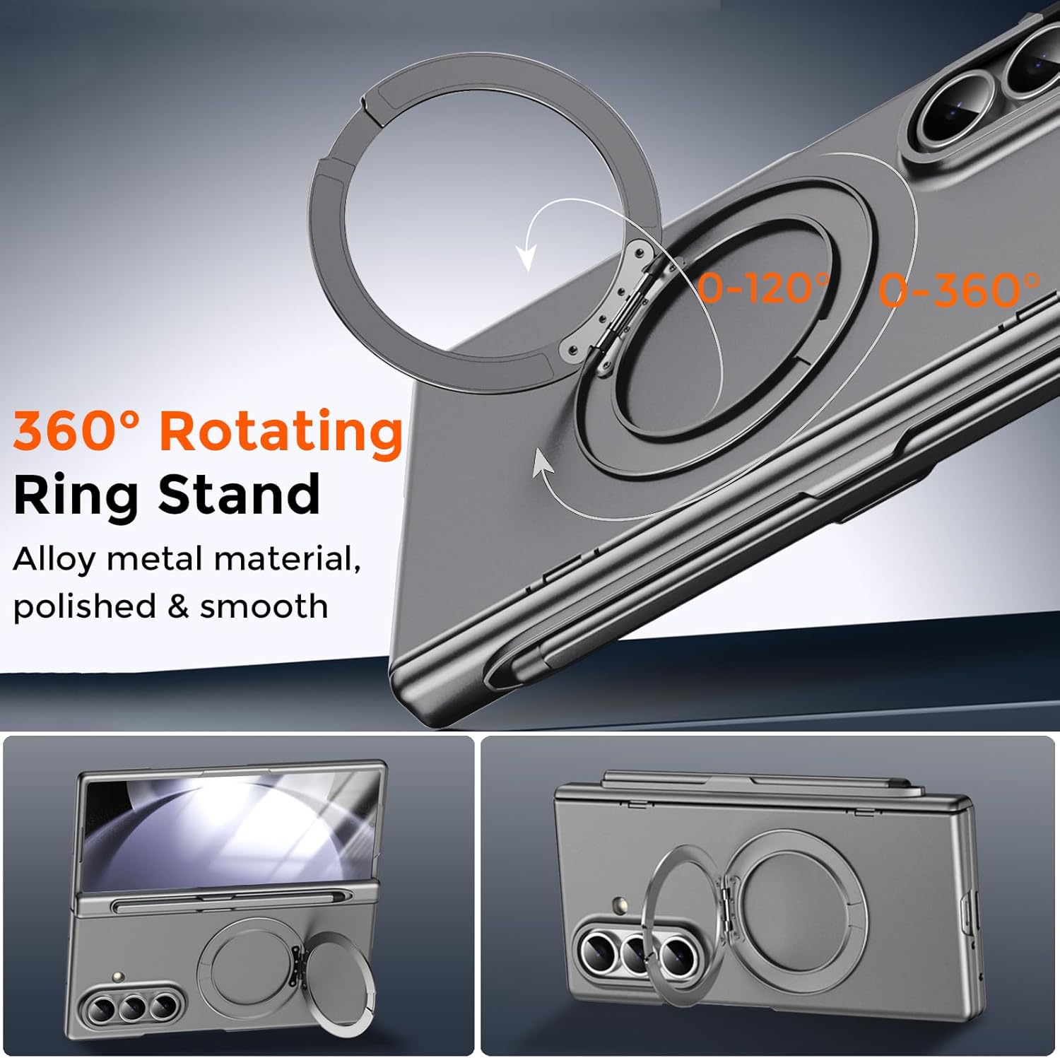 for Samsung Galaxy Z Fold 5 Case with S Pen Holder & Stylus Pen, Magnetic Rotating Ring Stand Compatible Magsafe Screen Protector Hinge Cover Full Coverage Protective Case for Z Fold 5 Grey