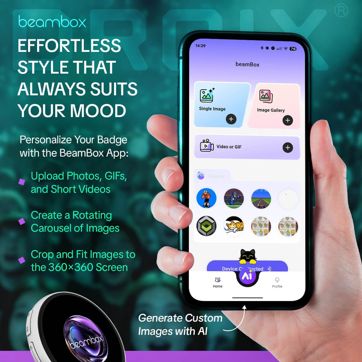 NIKKO Badge électronique dynamique | Broche numérique portable intelligente avec écran tactile IPS 1,8". Pour cosplay et événements. Affiche GIFs/vidéos programmables. Contrôle via app Bluetooth 5.4